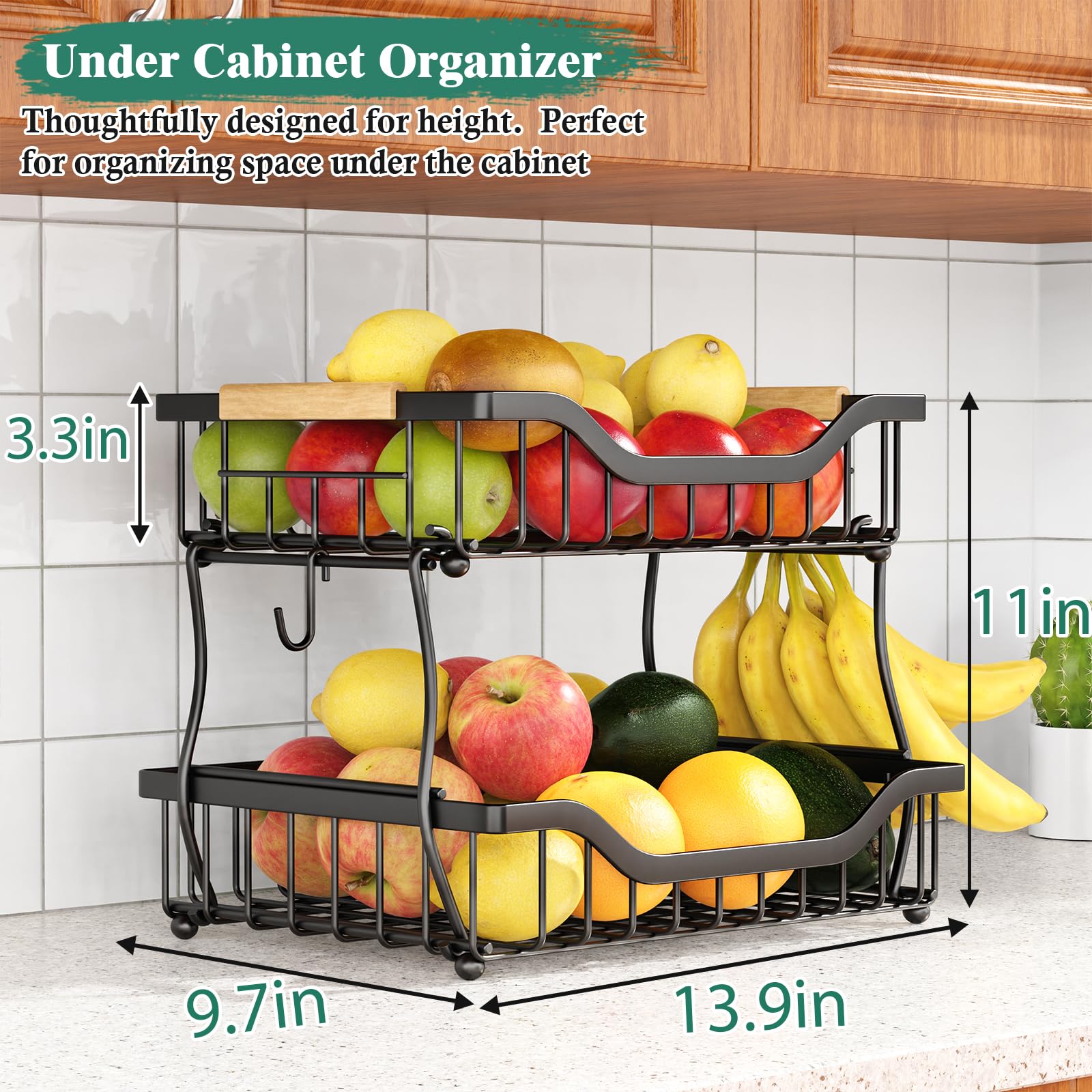 2-Tier Fruit Basket with Banana Hangers - Wall Mount & Countertop Kitchen Organizer for Fruits, Vegetables, Potatoes, Onions, Bread & Snacks | Space-Saving Storage Solution for Small Kitchens & Pantries