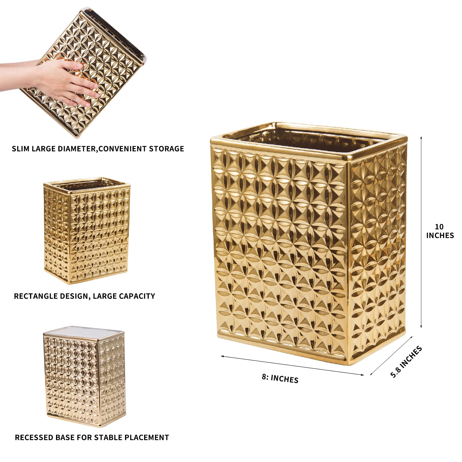 Small Rectangular Ceramic Trash Can - Gold Bathroom & Kitchen Waste Bin for Home & Office | Space-Saving Slim Design for Tight Spaces