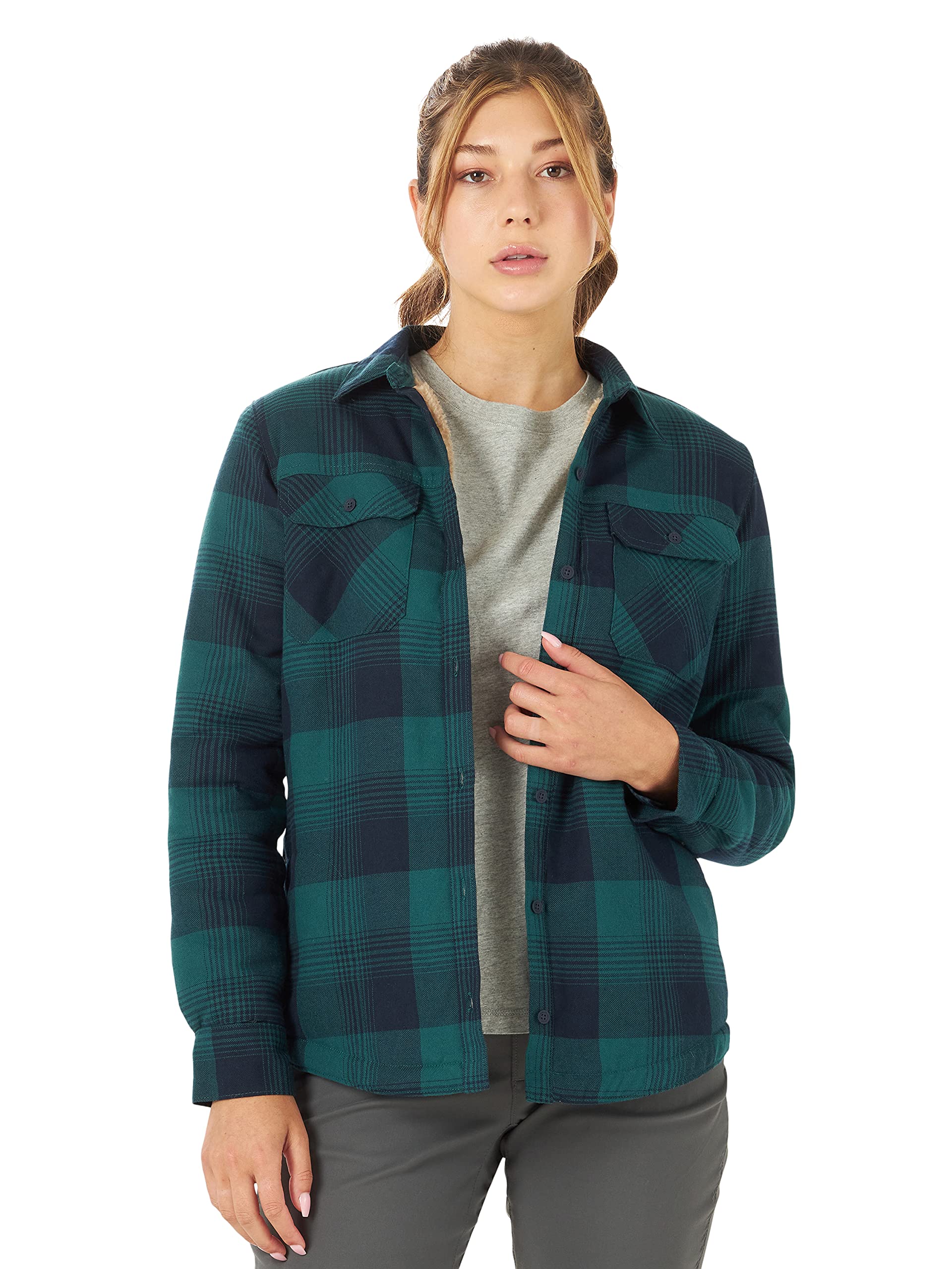 ATG by Wrangler Women's Sherpa Lined Flannel Shirt - Soft Warm Plaid Long Sleeve Shirt for Winter - Perfect for Outdoor Activities, Camping and Casual Wear