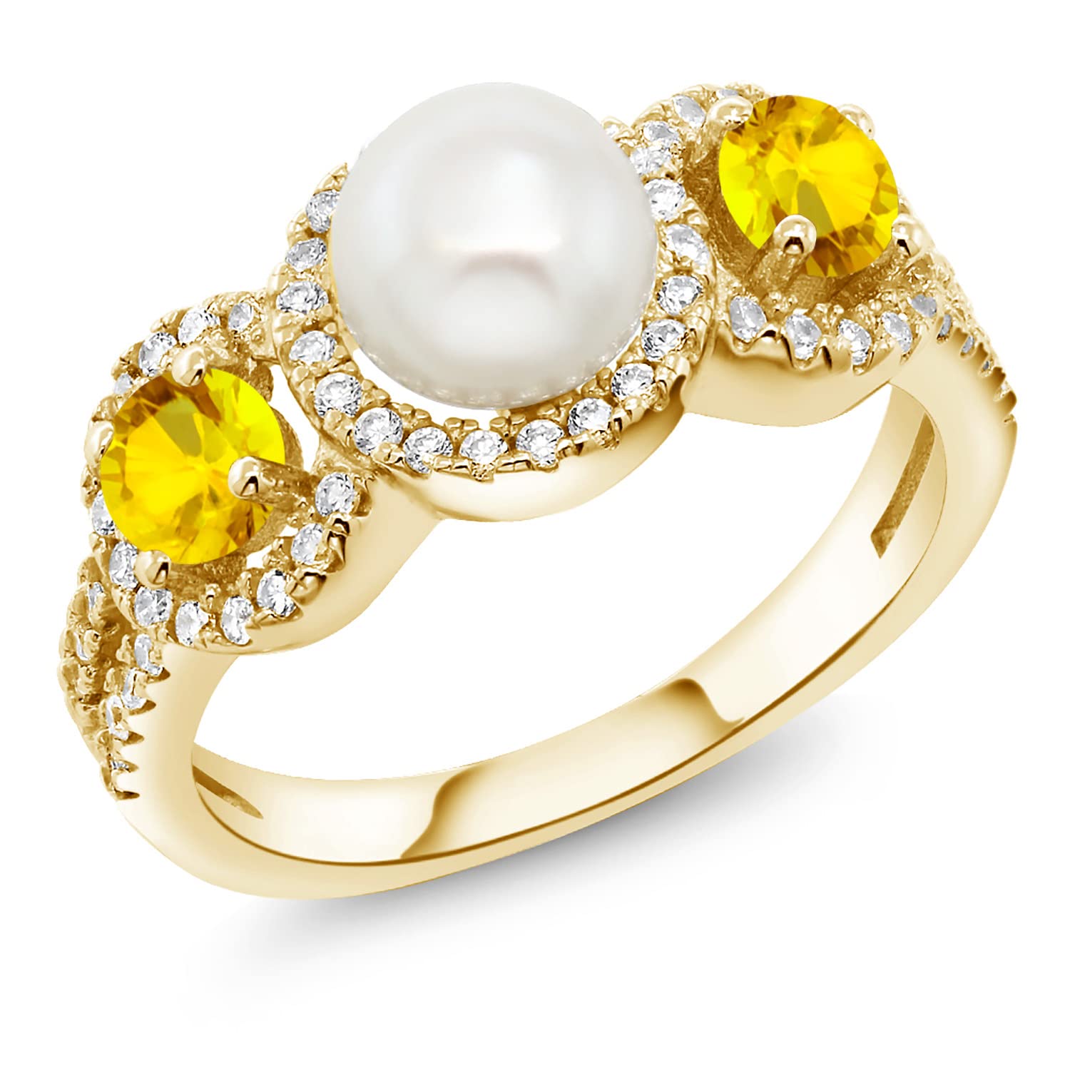 1.52 Ct Round Yellow Sapphire & Cultured Freshwater Pearl Ring in 18K Gold Plated Silver | Gem Stone King | Elegant Jewelry for Weddings, Anniversaries & Special Occasions