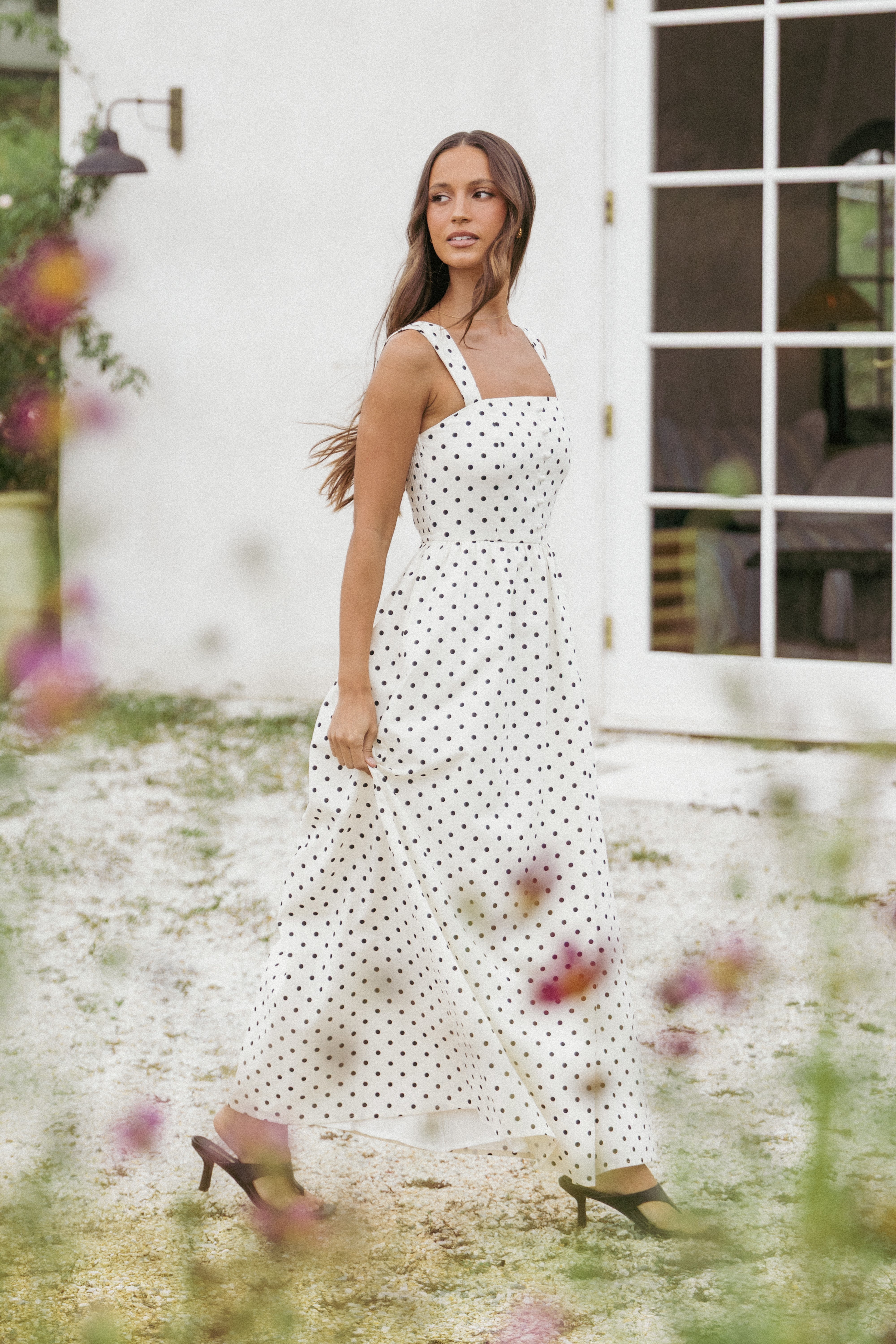 Jenni Maxi Dress - White Polka Dot Summer Flowy Dress for Women | Beach Wedding, Vacation & Party Wear