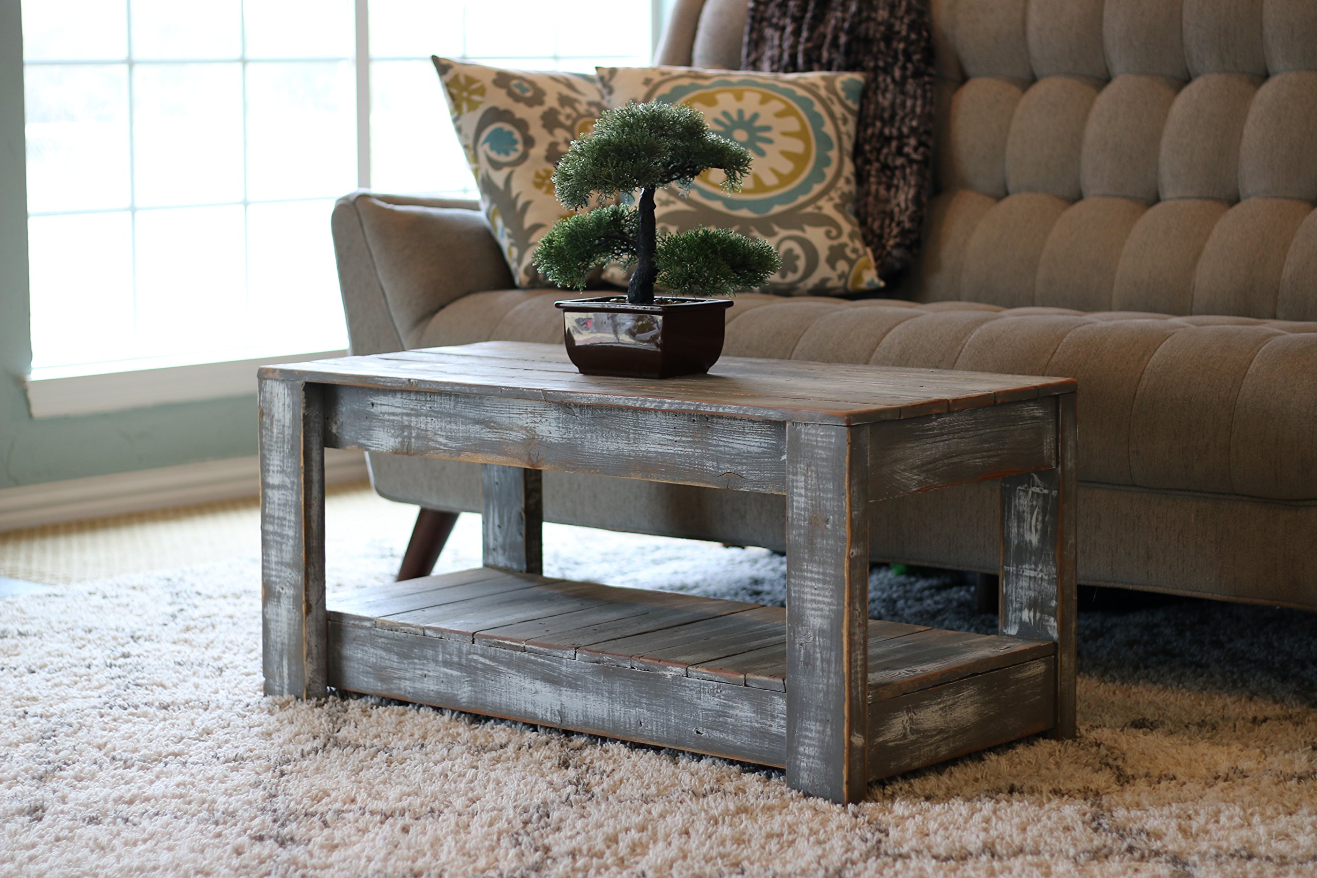 Rustic Weathered Grey Coffee Table with Lower Shelf - Farmhouse Style Living Room Furniture for Home Decor & Small Space Saving Design