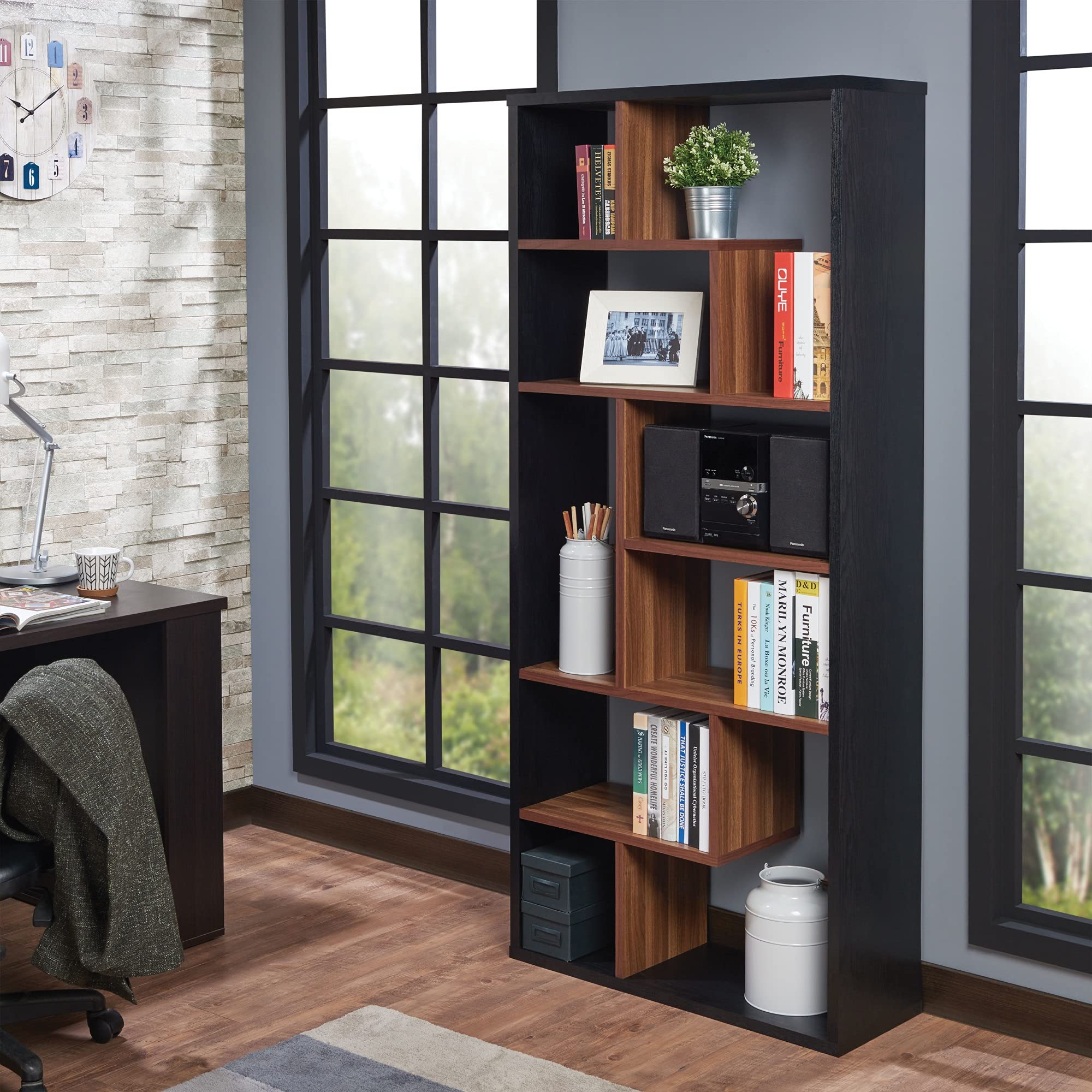 Ergode Black & Walnut Wood Bookcase - Modern Bookshelf for Living Room, Home Office & Bedroom Storage