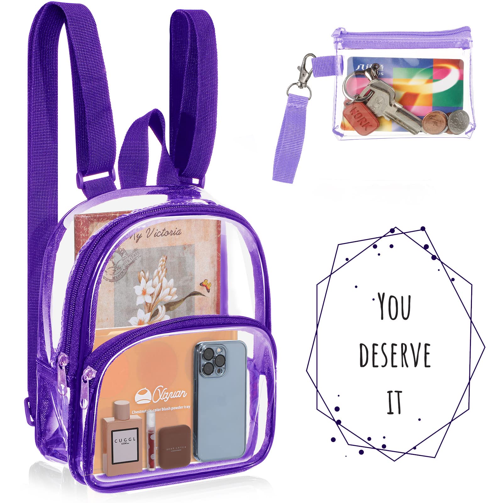 Clear Mini Backpack - Transparent Small See-Through Crossbody Bag for Concerts & Stadiums | Waterproof Plastic Handbag for Women & Teens | Perfect for Music Festivals, Theme Parks & Travel (Purple)