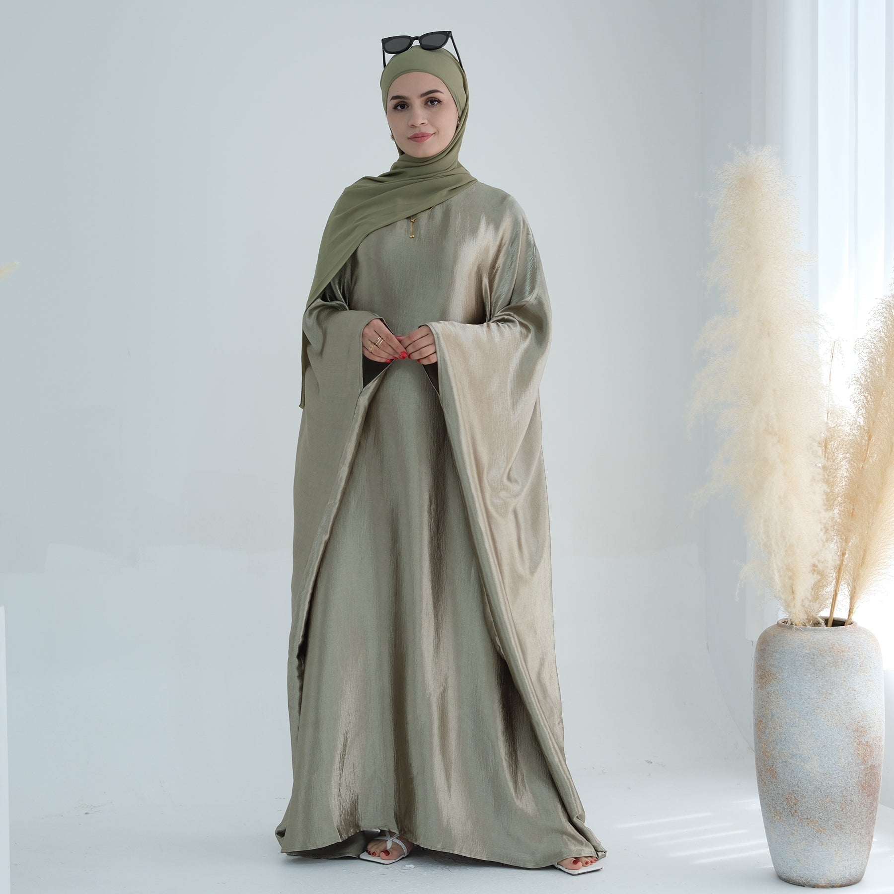 Elegant Alisha Butterfly Satin Abaya Dress - Sage Green Islamic Prayer Gown for Women | Perfect for Eid, Mosque & Special Occasions