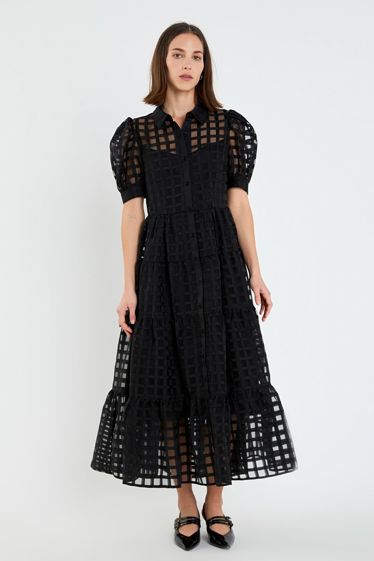 English Factory Women's Gridded Organza Tiered Maxi Dress - Elegant Flowy Summer Wedding Guest Dress for Beach Parties & Formal Occasions