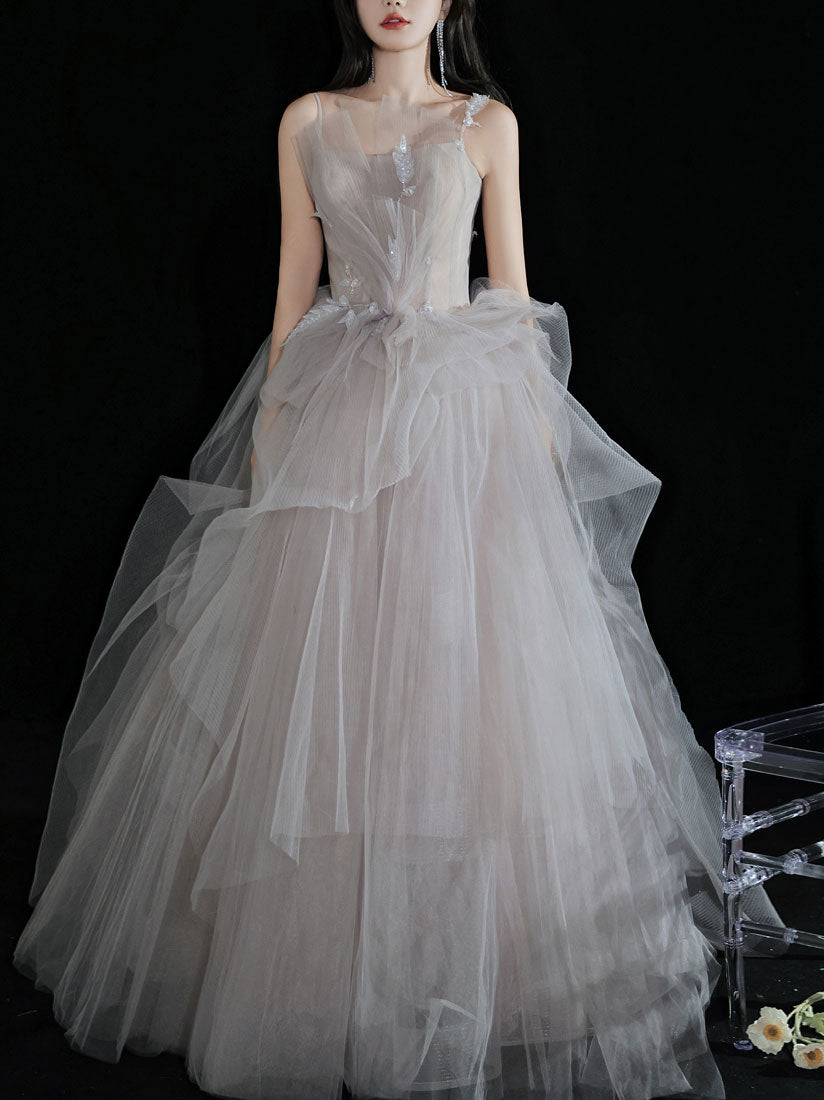 Elegant Light Gray Tulle Lace Long Prom Dress - Formal Evening Gown for Homecoming, Wedding, Quinceañera & Special Occasions