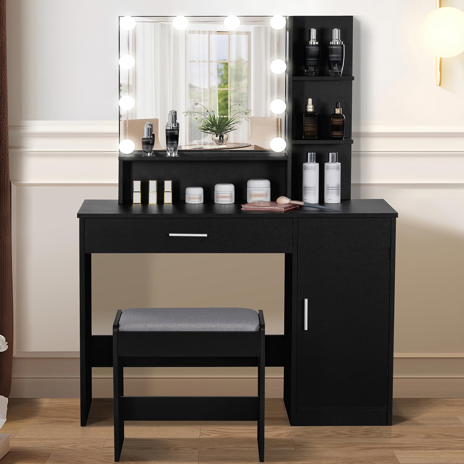 USIKEY Makeup Vanity Desk with LED Lights & Mirror - 3-Tier Storage Vanity Table with Drawer, Cabinet & Stool - Elegant Black Dressing Table for Bedroom, Perfect for Makeup Application & Beauty Organization