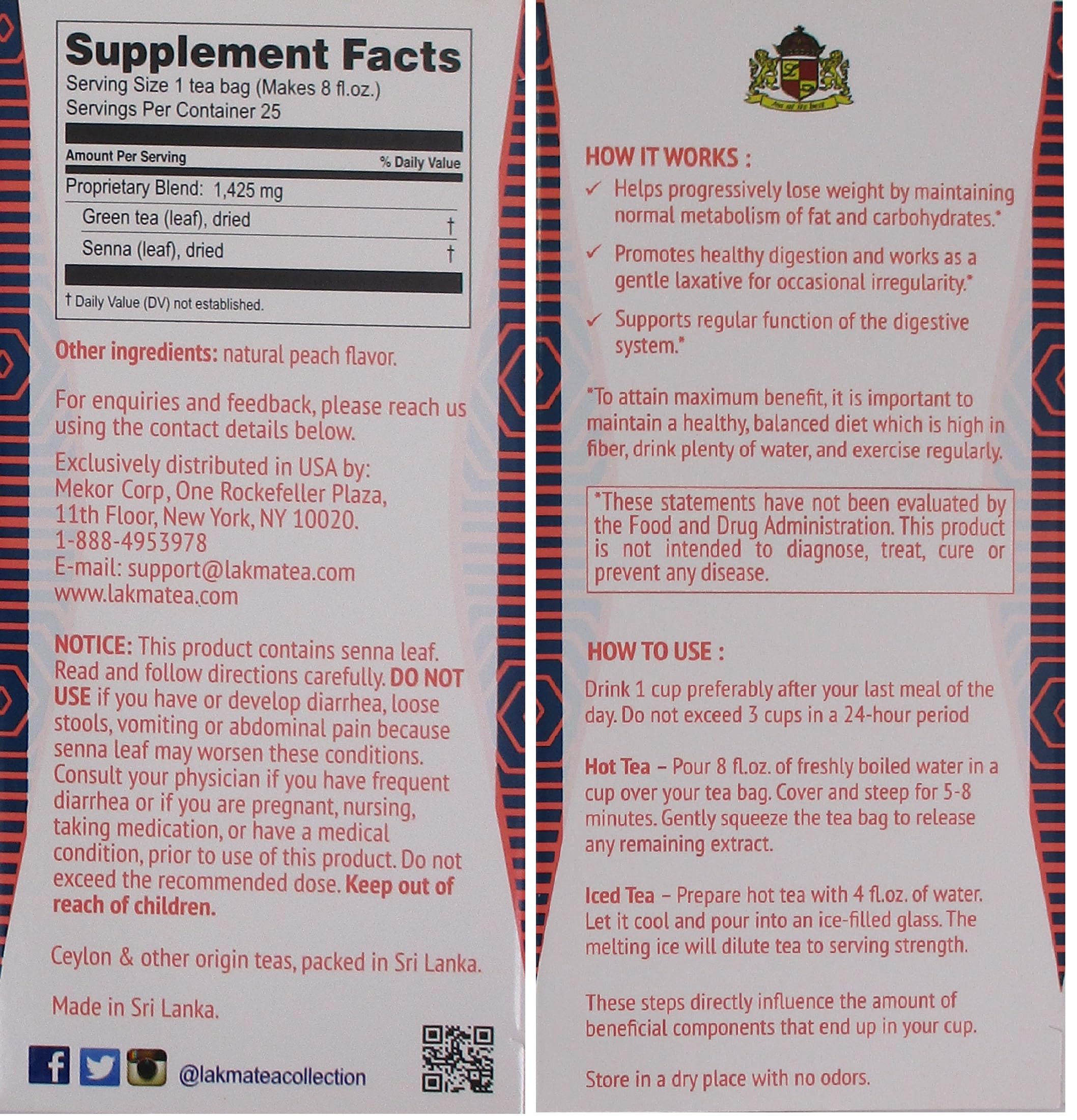 HYLEYS Lakma Super Slim Peach Tea - 25 Tea Bags for Weight Loss & Detox | Perfect for Morning Boost or After-Meal Digestion
