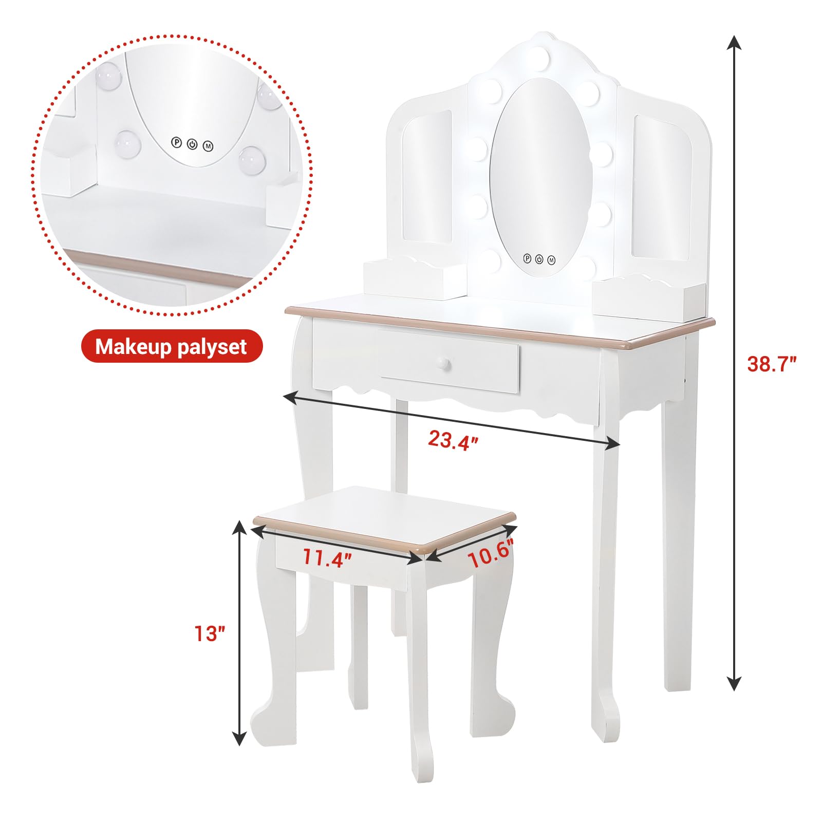 Kids Vanity Set with Light & Mirror - Wooden Princess Makeup Dressing Table with Stool, Drawer & Pretend Makeup Toys - Perfect for Girls Bedroom, Birthday Gift & Pretend Play (Batteries Not Included)