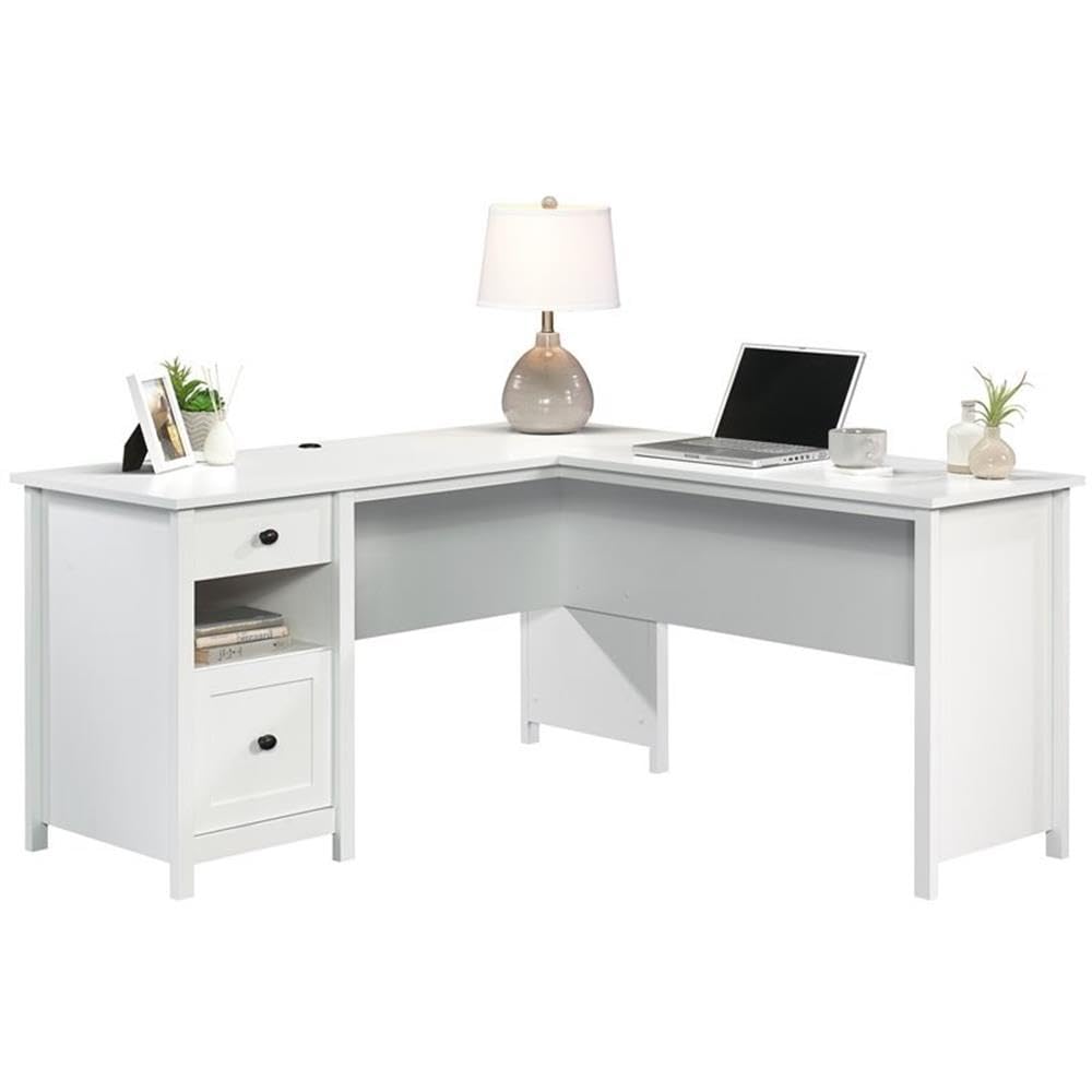 Pemberly Row L-Shaped Coastal Computer Desk - Engineered Wood, Soft White Finish - Perfect for Home Office, Gaming & Small Space Workstations