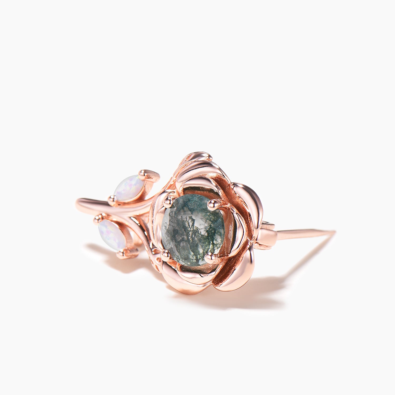 Round Cut Moss Agate Rose Gold Marquise Opal Flower Nature Inspired Brooch Pin - Elegant Vintage Jewelry for Women, Perfect for Weddings, Parties & Special Occasions