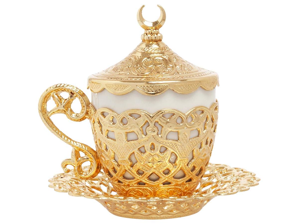 27-Piece Turkish Greek Arabic Coffee Espresso Cup & Saucer Set - Elegant Gold Floral (Gelincik) Design for Home, Cafe, and Gift Giving