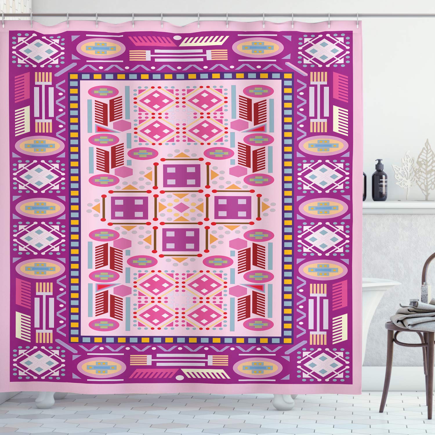 Ambesonne Traditional Oriental Afghan Shower Curtain - Geometric Eastern Culture Motif Bathroom Decor with Hooks, 69