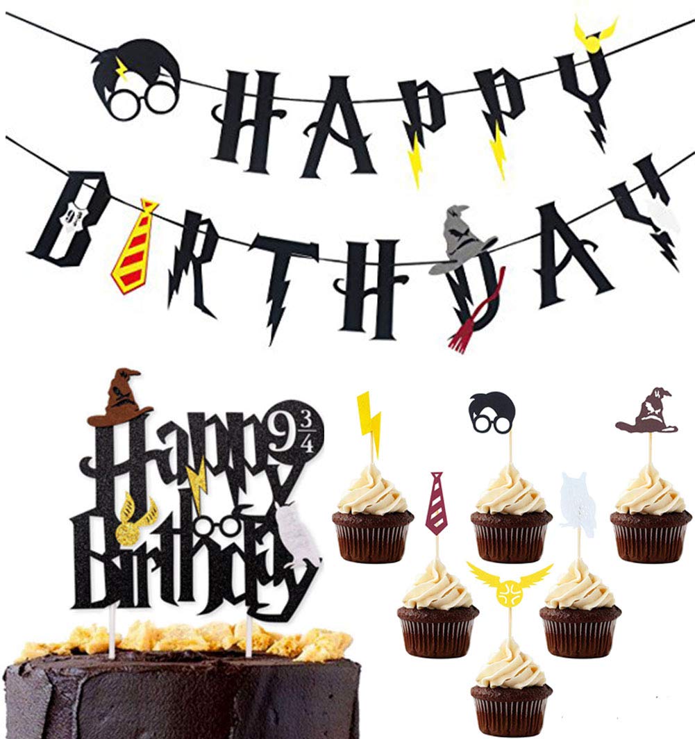 Harry Potter Birthday Banner & Cake Topper Set - Magical Themed Party Decorations for Wizards Birthday, Baby Shower & Halloween Celebrations