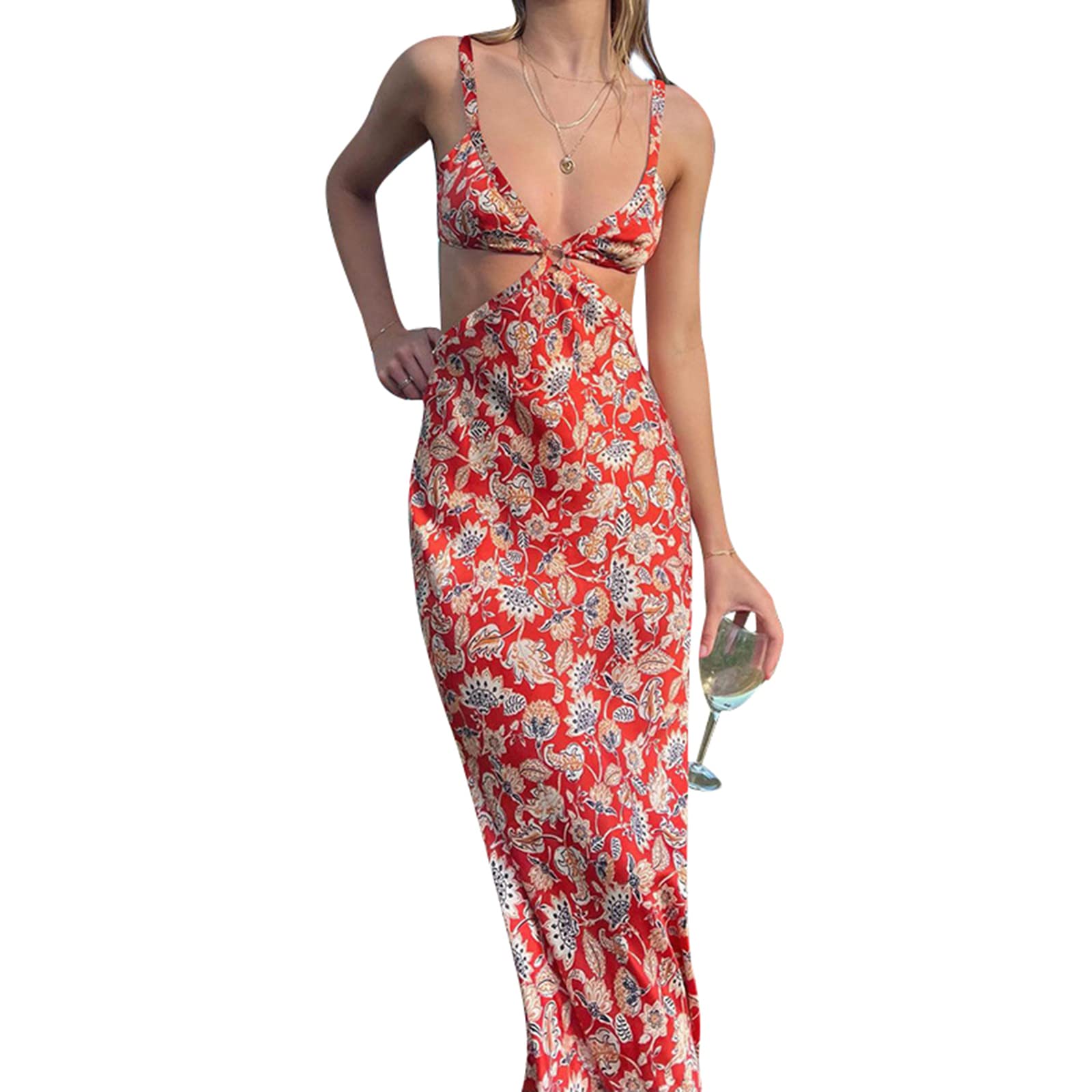 Women's Floral Print Sling Hollow Out Backless Maxi Dress - Elegant Ring Connect Design for Casual Wear, Beach Vacation, and Summer Outings