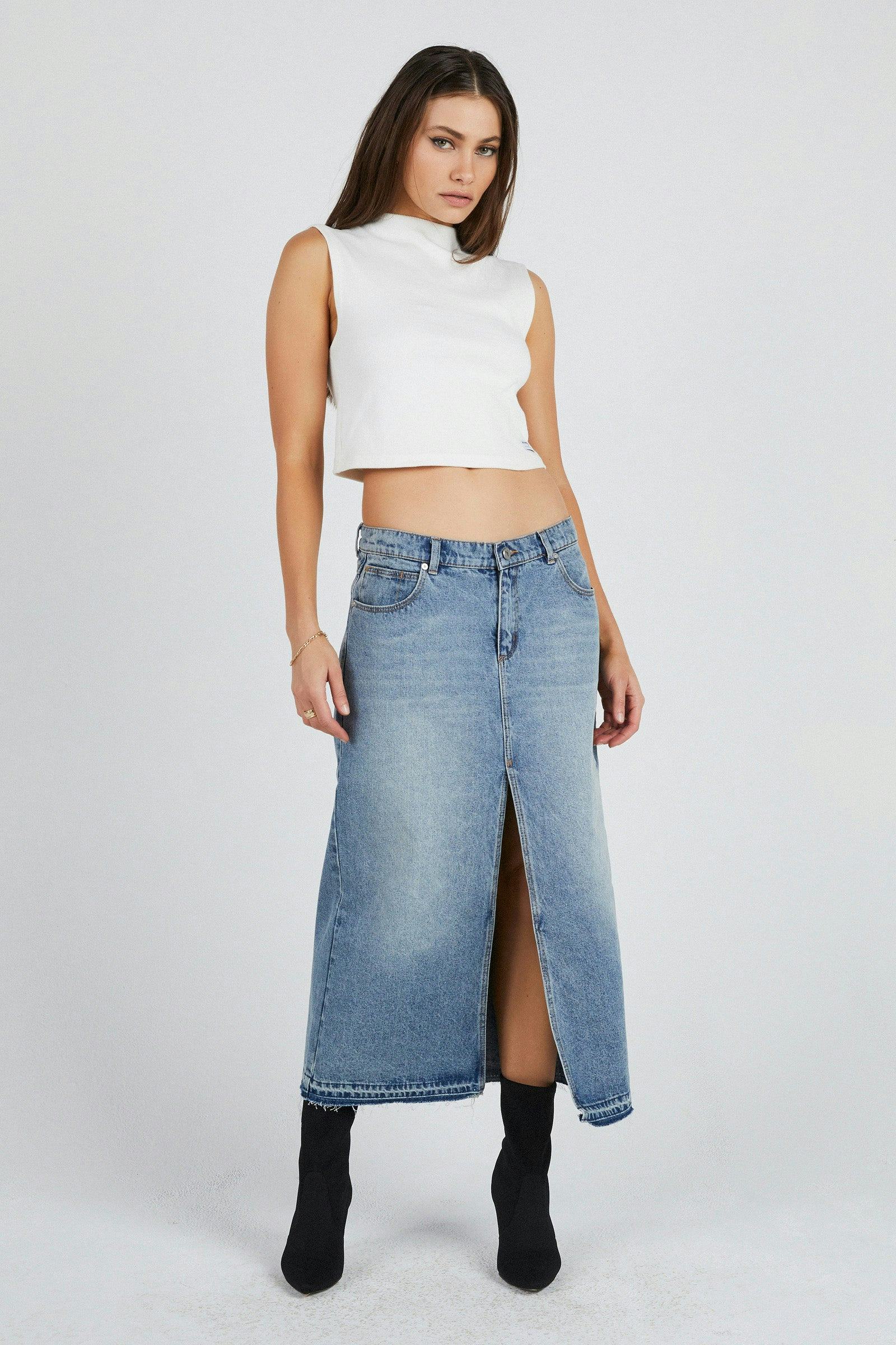 Abrand 99 Maxi Skirt Lula Mid Vintage Blue - Flowy Long Boho Skirt for Women, Retro High Waist A-Line Skirt with Pockets - Perfect for Summer, Beach, Music Festivals & Boho Chic Outfits