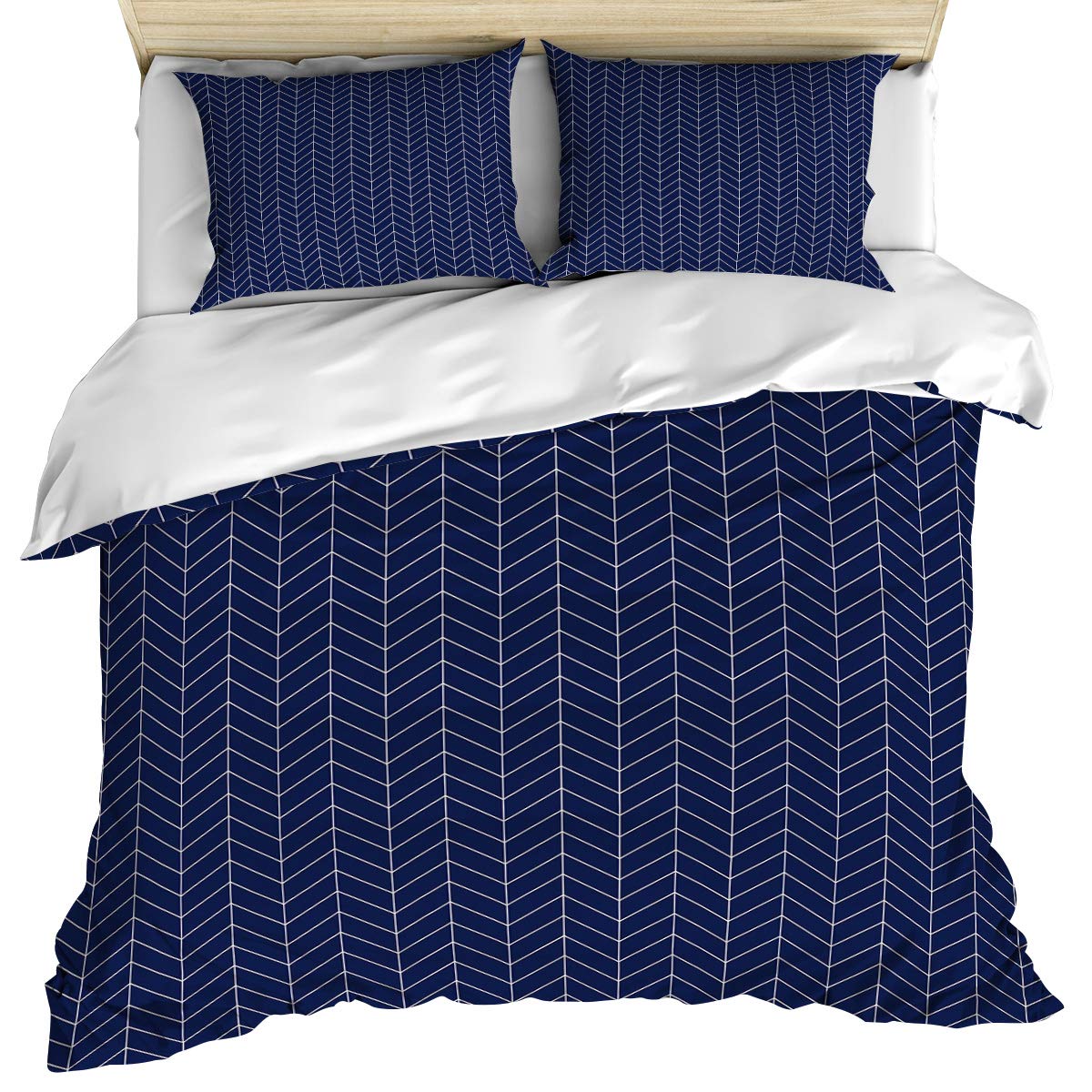 Premium Navy Blue Herringbone Stripe Duvet Cover Set - 3 Piece Queen Size, Ultra Soft Breathable Washed Cotton Bedding with Corner Ties & Zipper Closure (1 Duvet Cover + 2 Pillow Shams) - Perfect for Master Bedroom, Guest Room & Cozy Home Decor