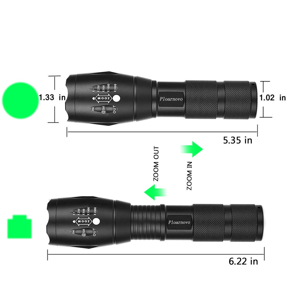Green LED Hunting Flashlight - Zoomable, Waterproof & Shockproof Handheld Light for Night Hunting, Fishing, Hog, Pig, Coyote, Varmint & Predator Hunting - Perfect for Rifle Mounting & Outdoor Adventures (2 Pack)