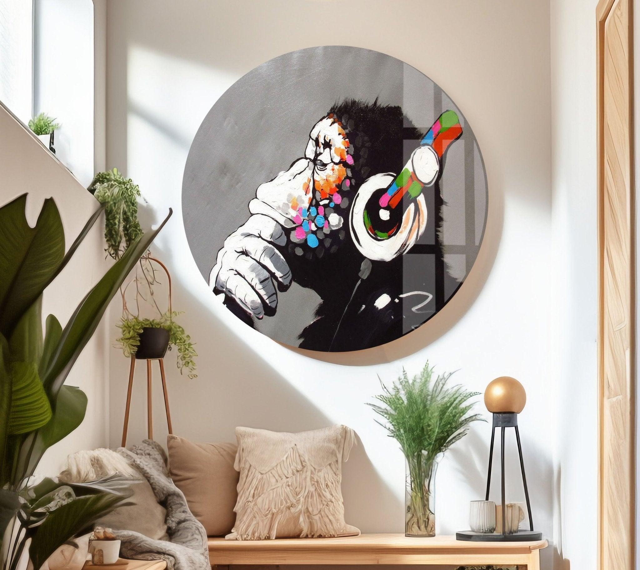 Banksy DJ Monkey Gorilla Thinking Glass Wall Art - Modern Canvas Print for Home & Office Decor - Perfect for Living Room, Bedroom or Studio