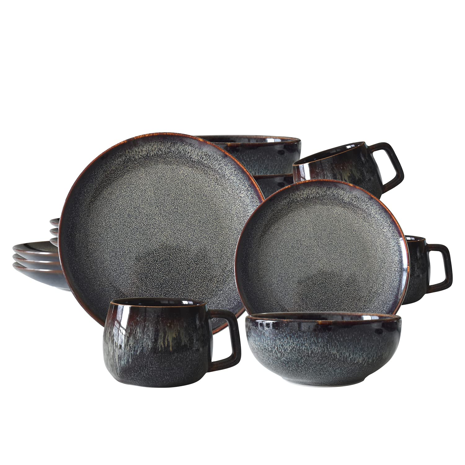 SOOMILE 16-Piece Stoneware Dinnerware Set - 4 Plates, 4 Bowls, 4 Mugs & 4 Saucers - Durable Porcelain Tableware for Daily Use - Microwave & Dishwasher Safe - Elegant Round Design for Dining Room, Kitchen & Restaurant