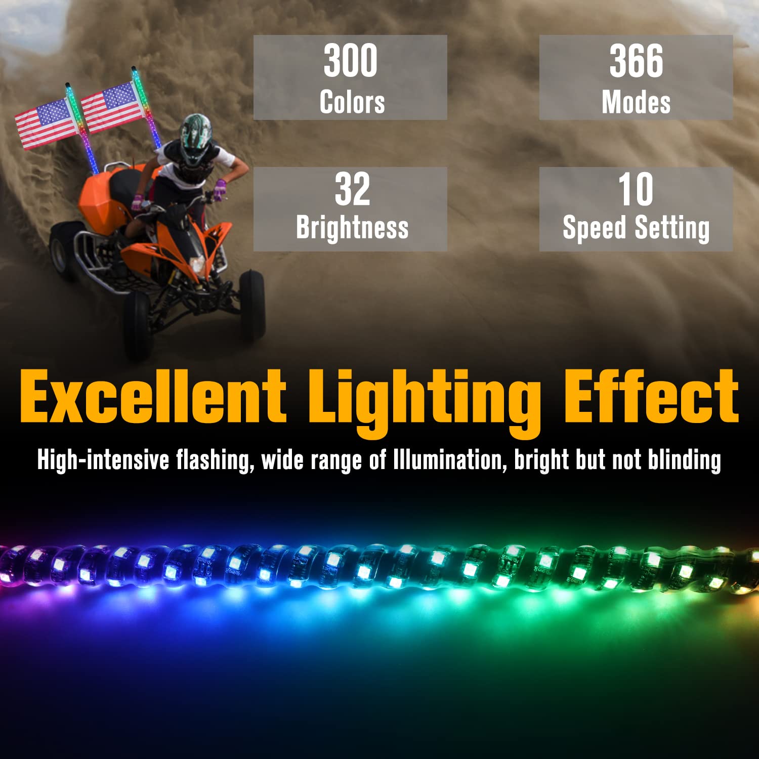 2PCS 2FT Spiral LED Whip Lights - Waterproof Safety Whips with Bluetooth APP & RF Wireless Remote Control for Offroad Vehicles - Compatible with UTV, ATV, Polaris RZR, Dune Buggy, 4X4 - Perfect for Night Riding, Camping & Emergency Warning Signals