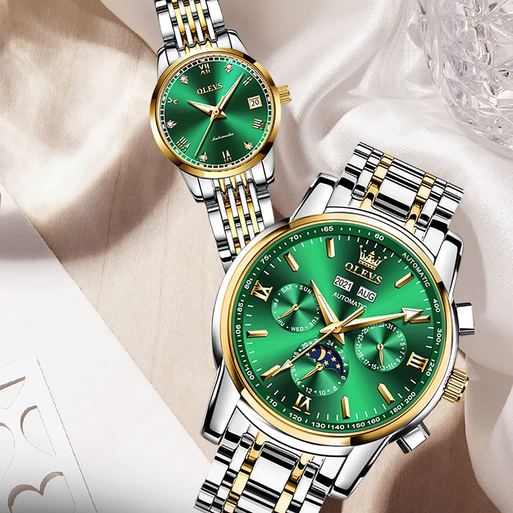 OLEVS Automatic Couple Watches for Men and Women - His and Hers Matching Mechanical Self-Winding Tourbillon Dress Watches with Day Date Calendar, Big Face, Two Tone - Perfect Anniversary Gift for Couples, Wedding Present, Romantic Gift Idea