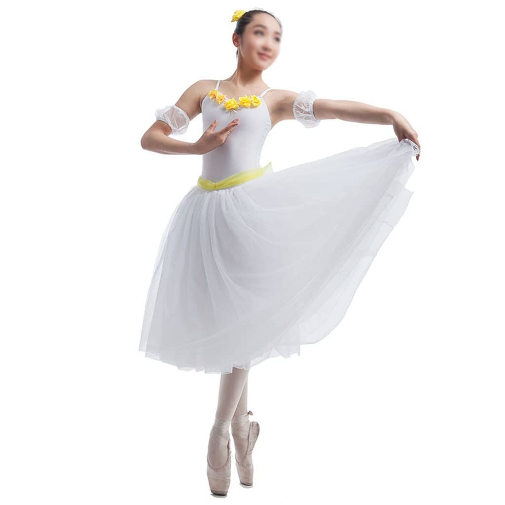 Elegant White Spandex Ballet Dress with Floral Neckline - Romantic Long Dance Costume for Adults, Stage Performances & Ballet Practice (White, Size MA) - Perfect for Recitals, Competitions & Theatrical Performances