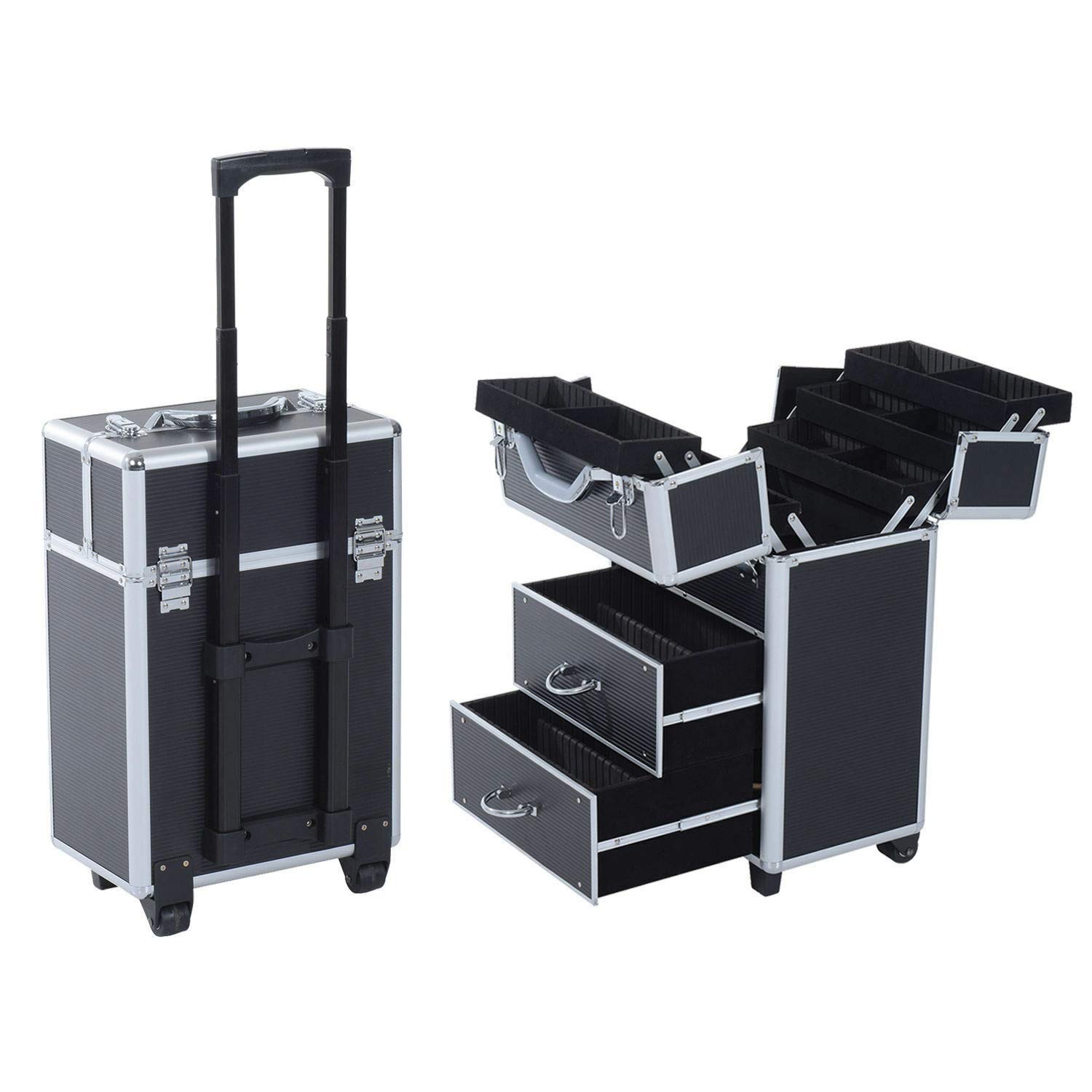 GXP Pro Rolling Aluminum Makeup Case - Lockable Cosmetic Train Box & Trolley Storage for Professional Makeup Artists (Black) | Perfect for Salon, Travel & On-the-Go Beauty Storage