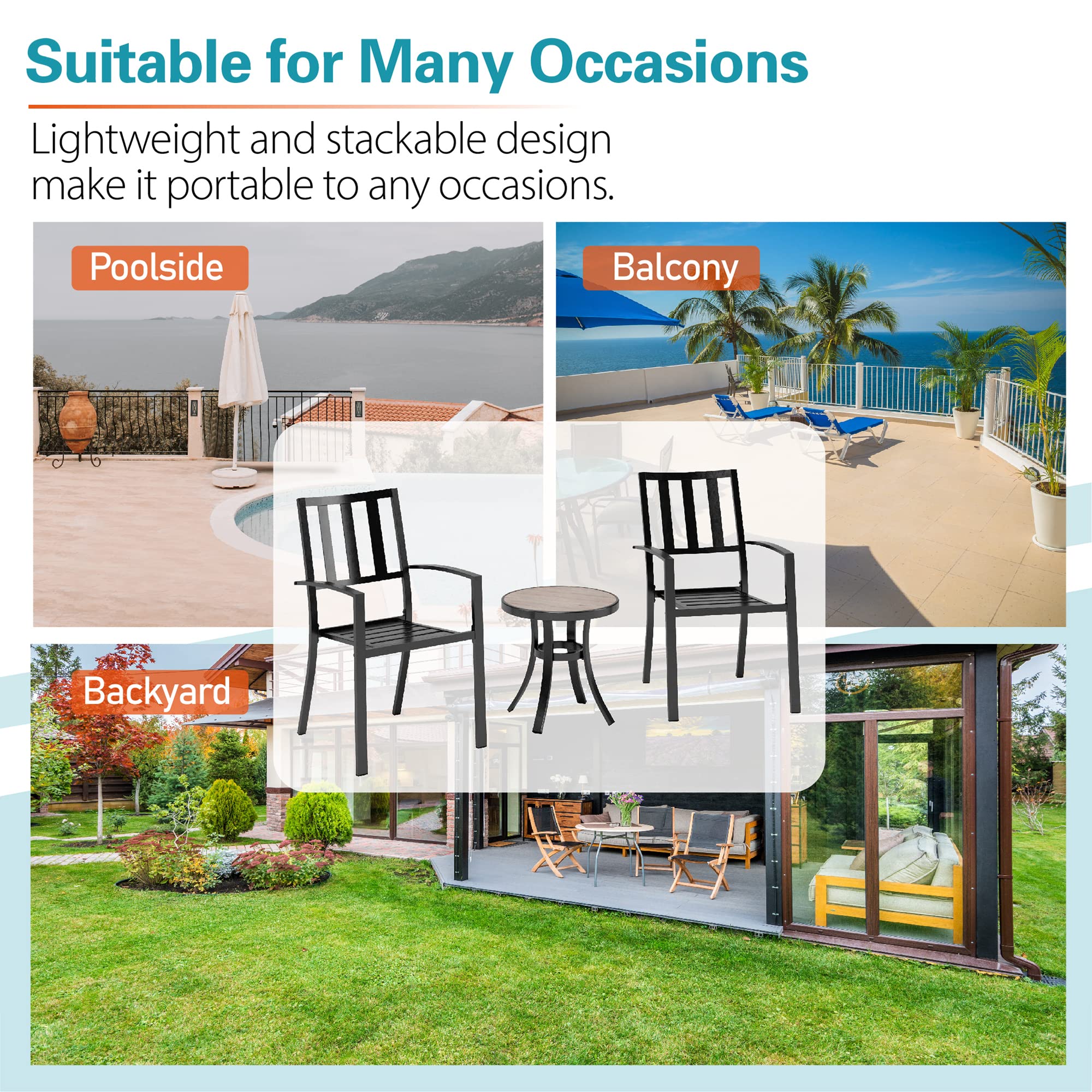 Sophia & William 3-Piece Patio Bistro Set - 2 Stackable Metal Chairs & Round Side Table - Outdoor Furniture for Backyard, Balcony, Garden & Indoor Use - Perfect for Coffee Breaks, Relaxing & Entertaining Guests