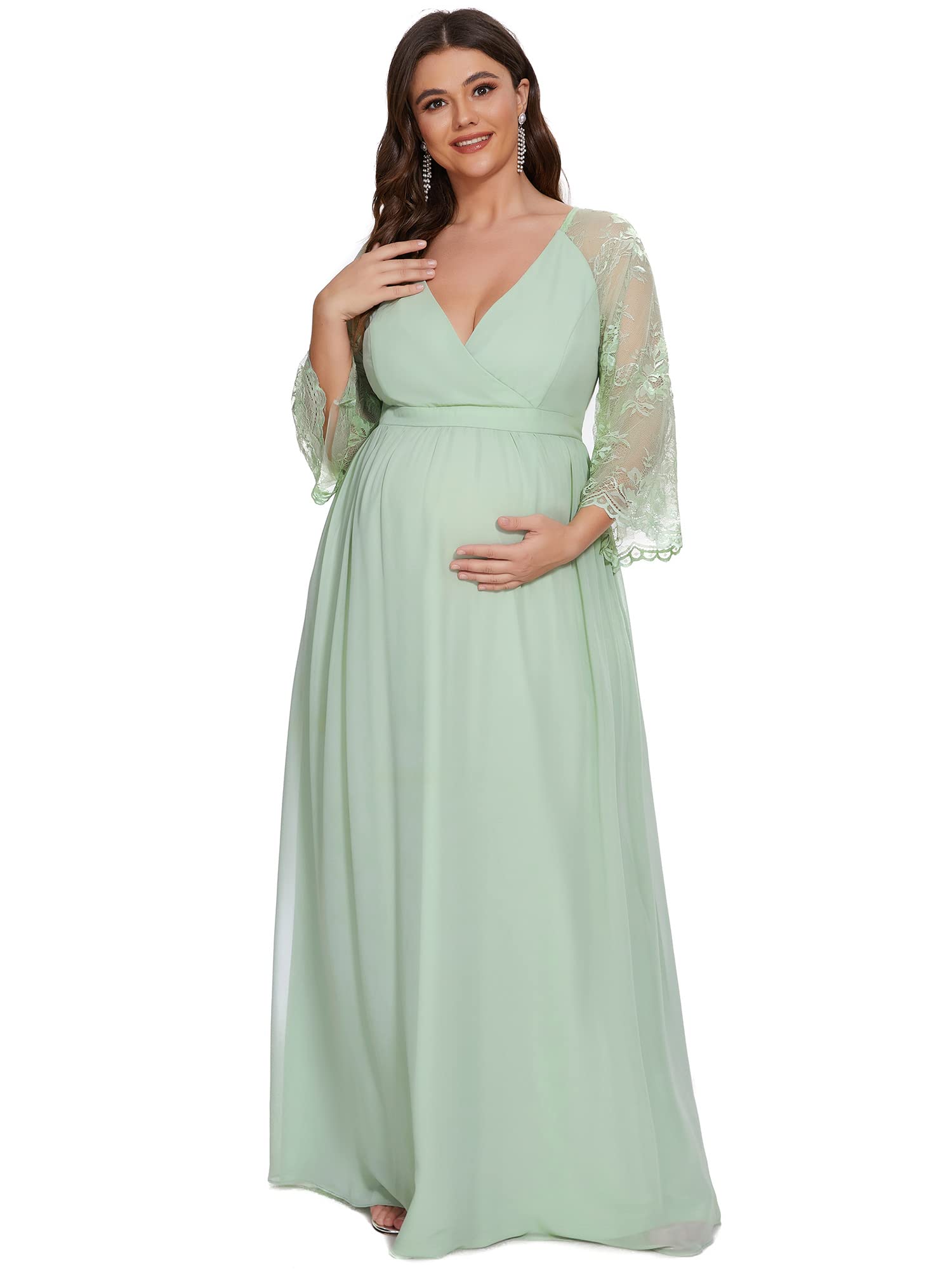 Ever-Pretty Women's Plus Size Deep V Neck Elegant Sheer Lace Sleeve Maxi Chiffon Maternity Dress - Flowy Formal Gown for Wedding, Party & Special Occasions (Style 20017-EY)