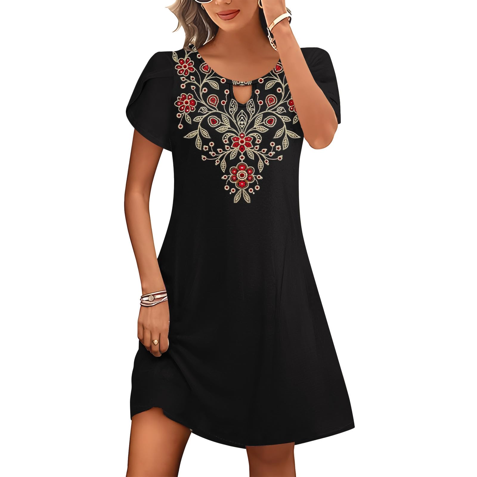 Women's Floral A-Line Mini Dress - Short Sleeve Casual T-Shirt Dress with Pockets | Perfect for Summer Beach, Vacation & Outdoor Date Nights