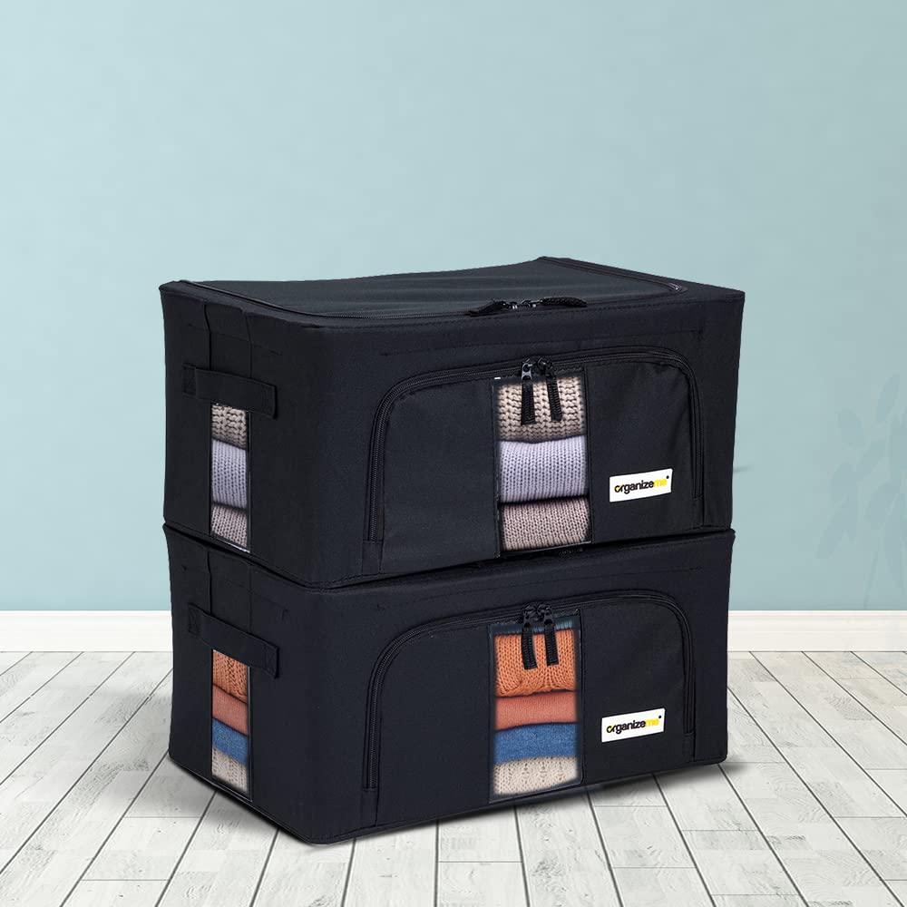Foldable Clothes Storage Bag Organizer - Large Capacity Collapsible Closet Box with Strong Handles & Sturdy Zippers - Premium Fabric Under Bed Blanket Storage - Space Saving Solution for Bedroom, Closet & Travel - 2 Pack (Small, Black)
