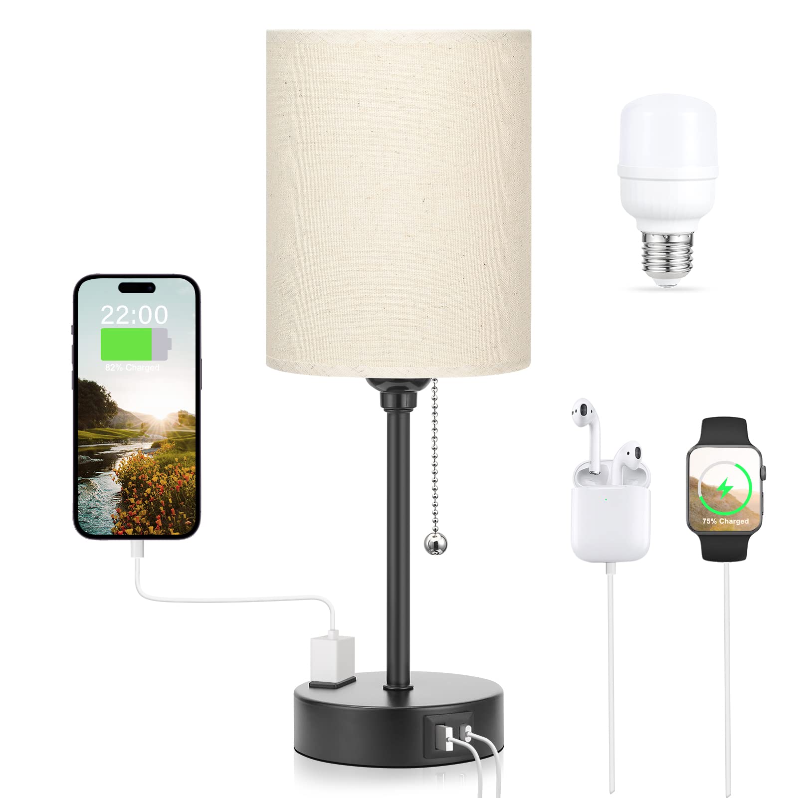 3-Level Dimmable Beige Table Lamp with USB-C & USB-A Ports + AC Outlet - 2700K/3500K/5000K Color Temperature Adjustable Bedside Lamp with Pull Chain & Black Metal Base for Bedroom, Kids Room, Reading Nook & Nightstand Lighting