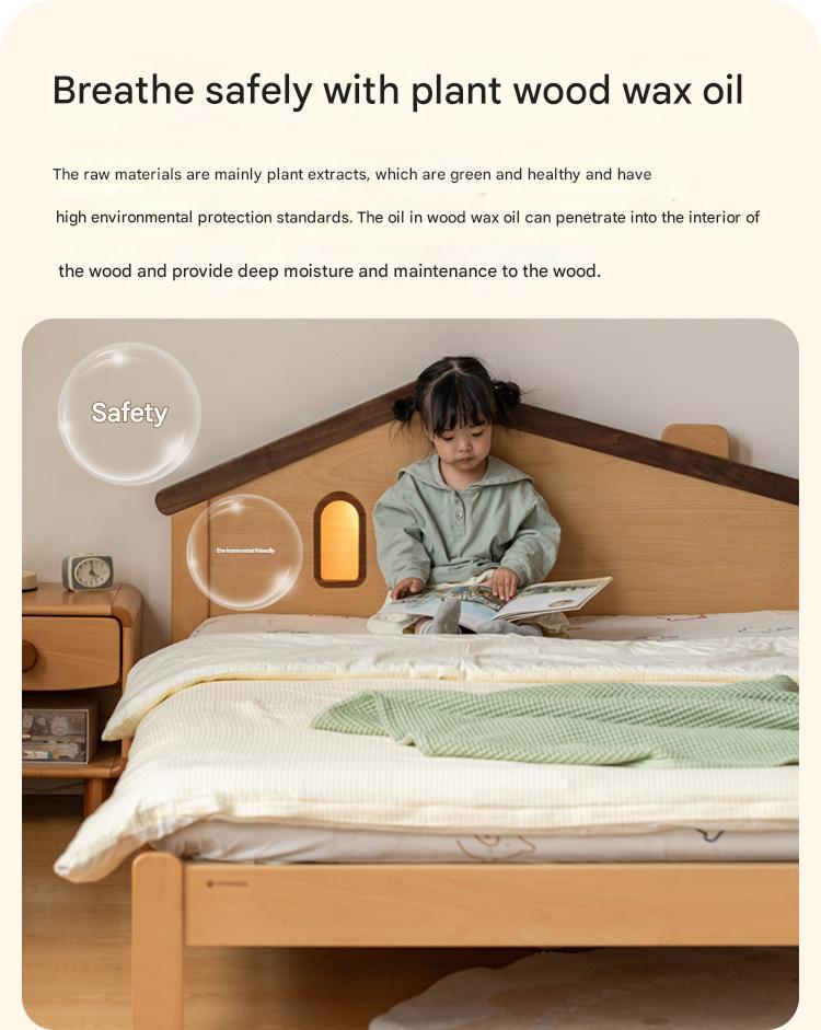 Kids Wooden Bed with Night Light - Beech & Poplar Little House Design with 15-Minute Auto Light Off - Perfect for Bedrooms, Playrooms & Cozy Sleep Spaces