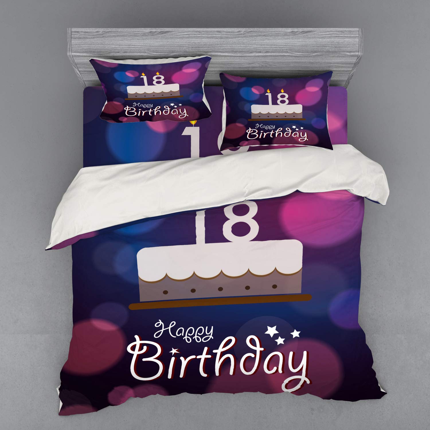 Ambesonne 18th Birthday Bedding Set - Cartoon Birthday Cake with Candles Duvet Cover, 4 Piece King Size Set with Shams & Fitted Sheet - Vibrant Purple & Lilac Abstract Design for Teen Bedroom Decor & Birthday Party Backdrop