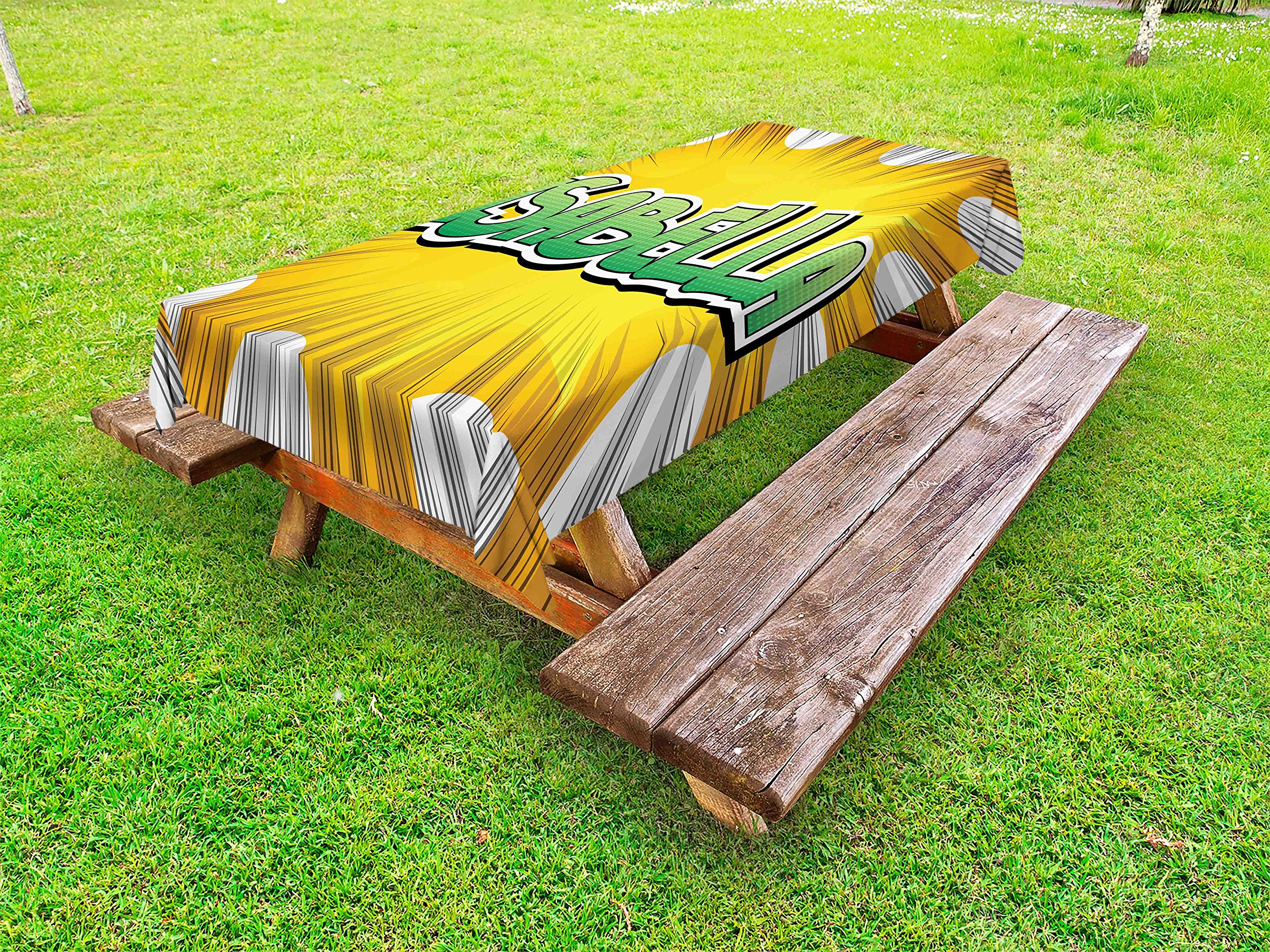 Ambesonne Isabella Outdoor Tablecloth - Retro Cartoon Backdrop Design, Washable Picnic Table Cover 58x84 inches, Yellow Green & White - Perfect for BBQs, Garden Parties & Outdoor Dining