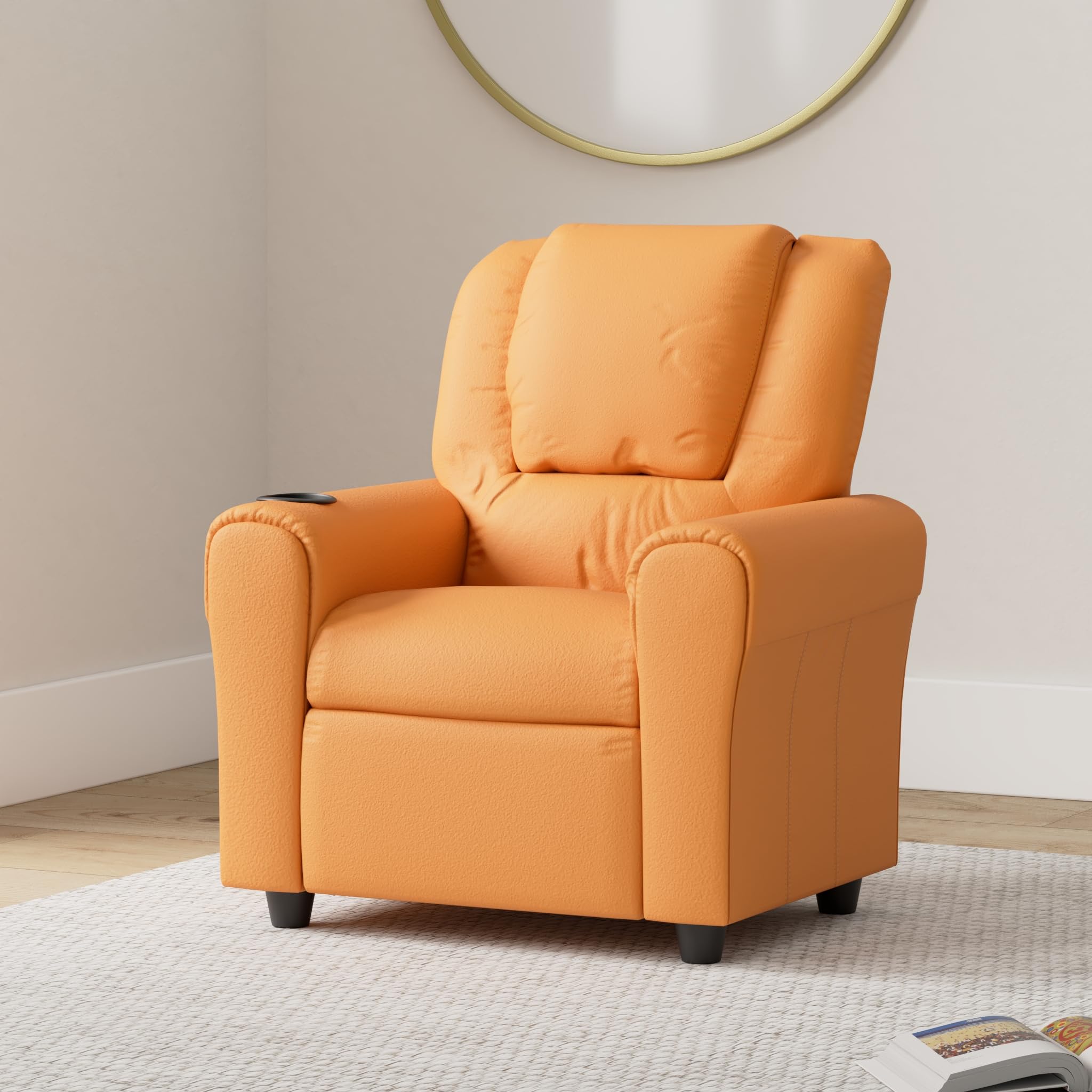 Emma & Oliver Orange Vinyl Kids Recliner Chair with Cup Holder & Headrest - Comfortable Children's Lounge Chair for Playroom, Bedroom or TV Time