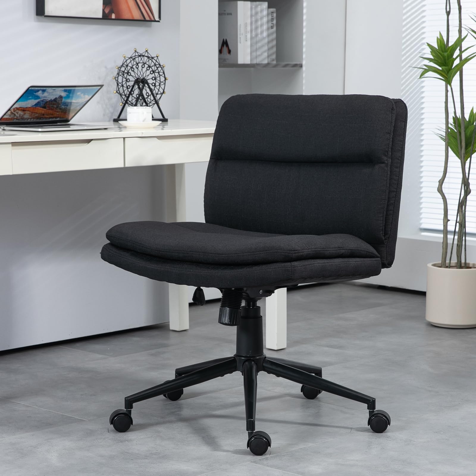 Armless Wide Office Desk Chair with Wheels - Modern Fabric Swivel Task Chair, Adjustable Ergonomic Computer Chair for Home & Office - Perfect for Workstations, Gaming, and Cross-Legged Sitting (Black)