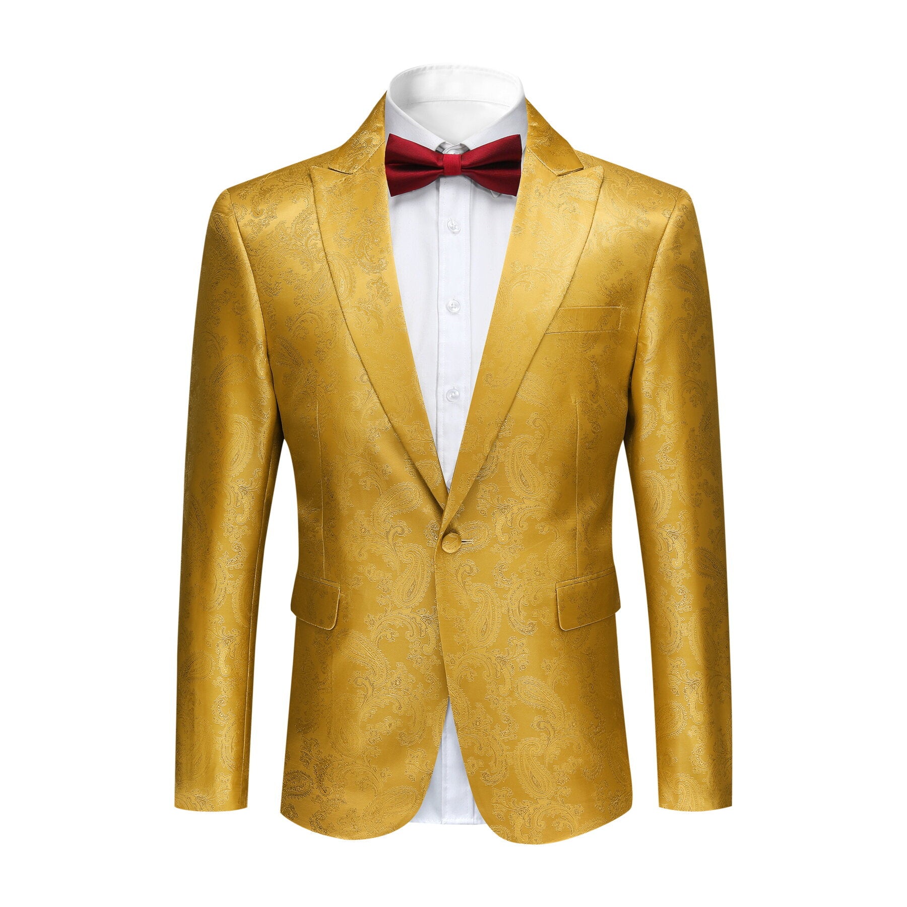 2 Piece Slim Fit Paisley Fashion Suit for Men - Stylish Yellow Business Blazer & Pants Set - Perfect for Office, Wedding & Formal Events