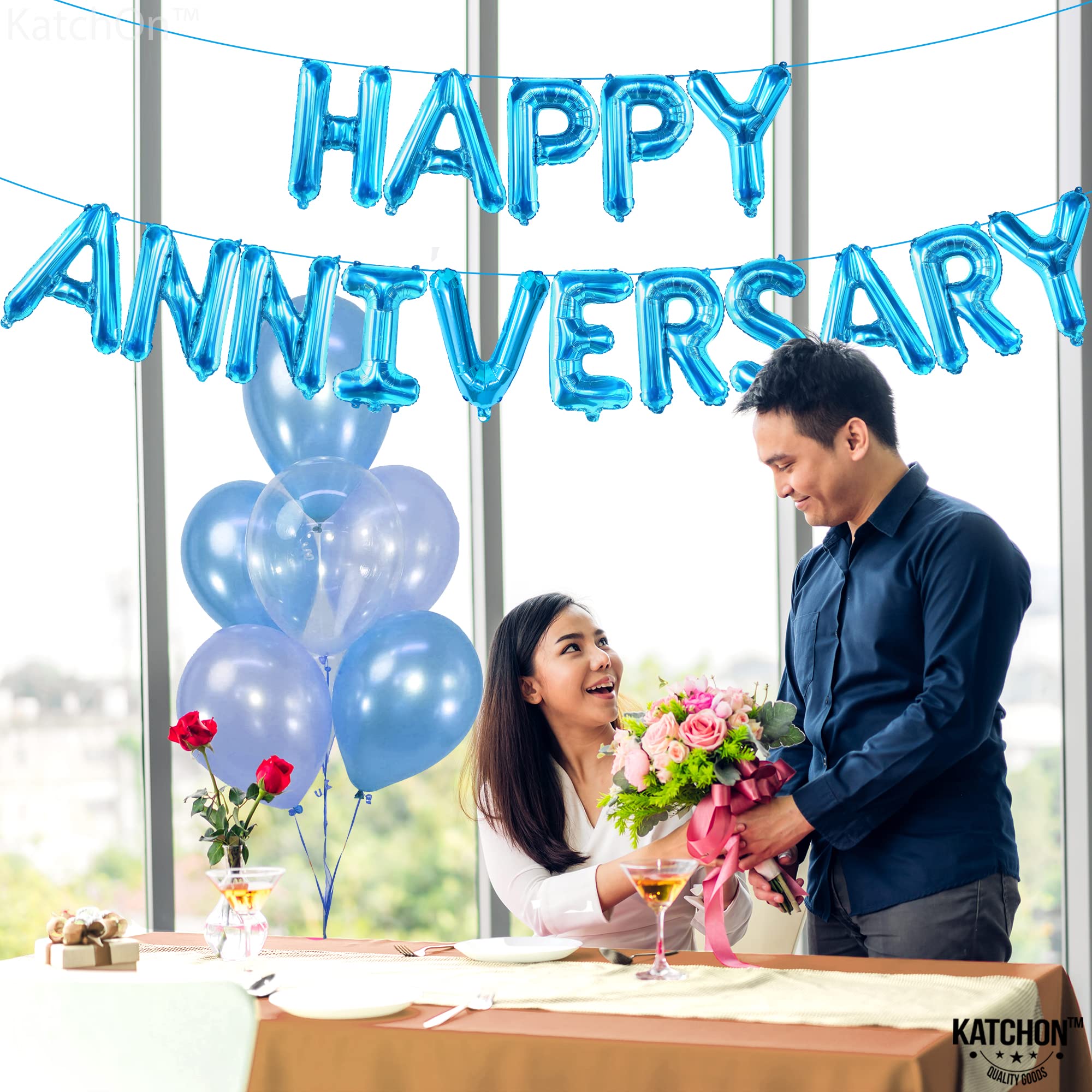 KatchOn Blue Happy Anniversary Balloons - 16 Inch Large Foil Balloons with Banner & Backdrop for Anniversary Party Decorations, Wedding, Birthday & Special Events