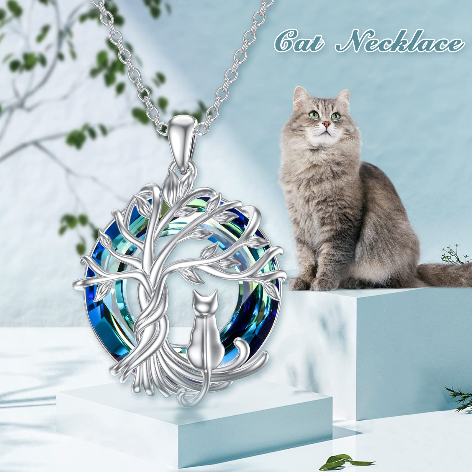 Sterling Silver Cat Tree of Life Pendant Necklace with Blue Crystal - Cute Cat Jewelry Gift for Women, Cat Lovers - Perfect for Birthday, Christmas & Everyday Wear