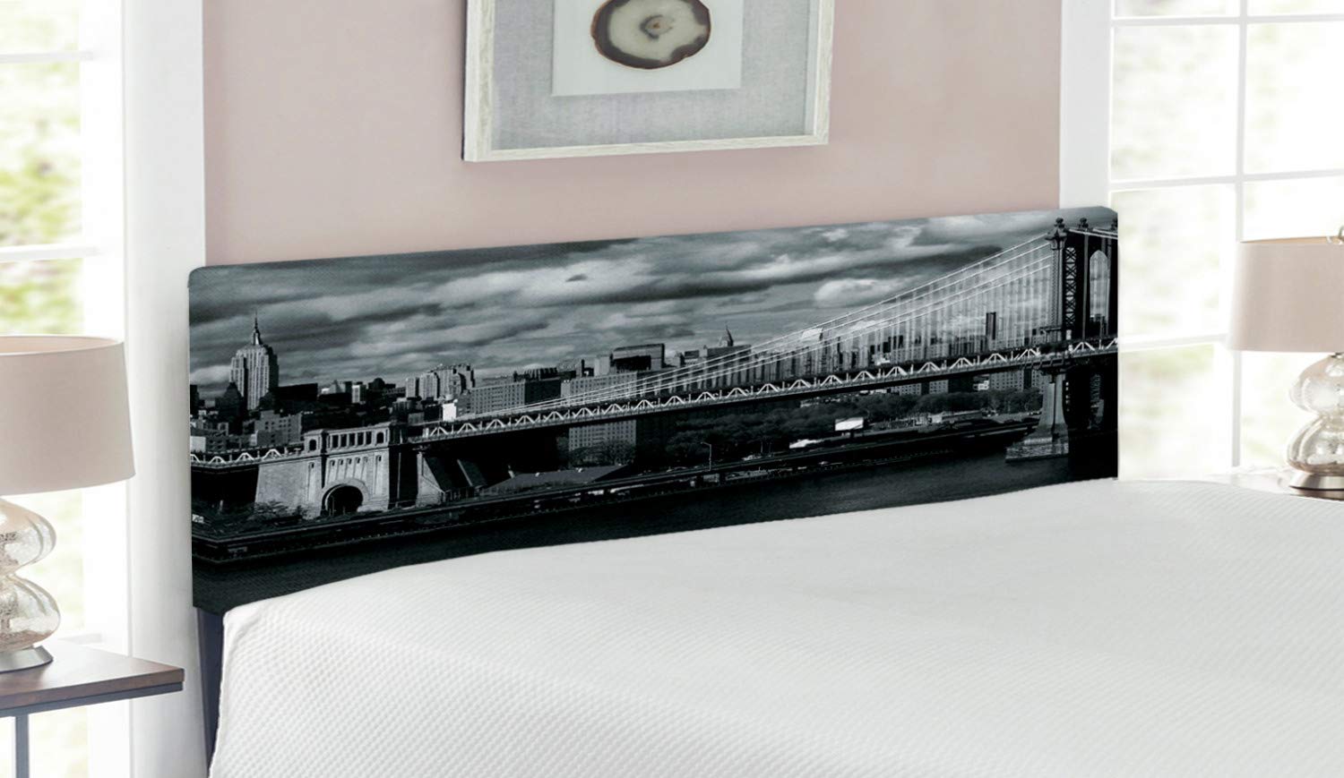 Ambesonne Queen Size Upholstered Headboard - Black & White NYC Skyline with Manhattan Bridge Photograph Print, Decorative Metal Bed Frame with Memory Foam, Grey | Perfect for Modern Bedroom Decor & Apartment Living