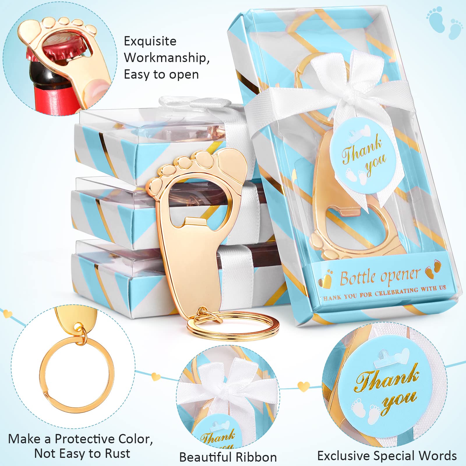36-Piece Gold Baby Bottle Opener Keychain Set - Baby Shower Favors for Guests, Gender Neutral Footprint Design - Perfect for Baby Showers, Birthday Parties, Wedding & Bridal Showers (Blue) - Great as Party Decorations and Keepsake Gifts