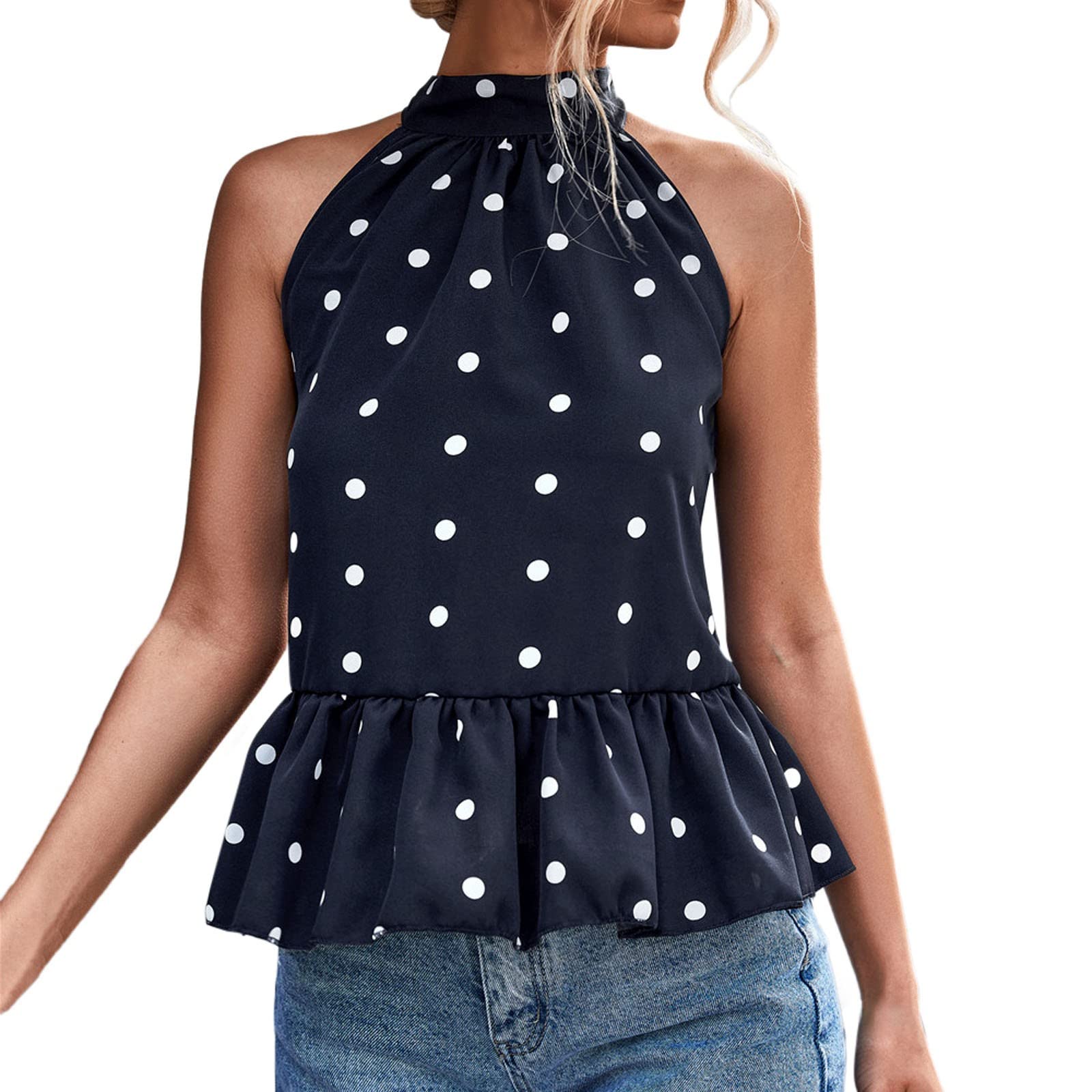 Women's Flowy Summer Tank Tops - Casual Sleeveless Blouse with Ruffled Strap & Dot Print in Aqua | Perfect for Beach Outings, Vacation Wear & Everyday Casual Style