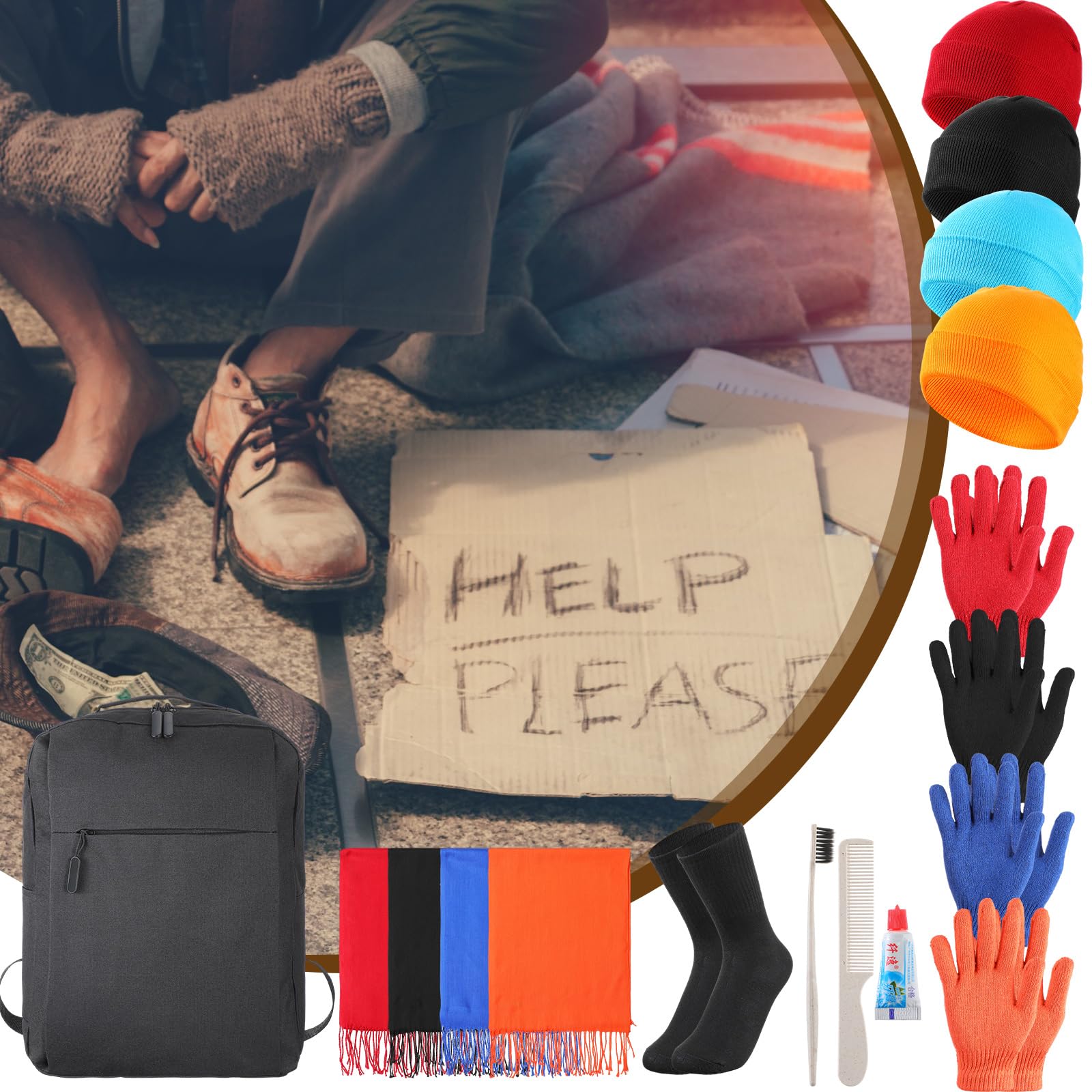 12-Piece Homeless Care Kit - Travel Size Toiletries, Winter Hat, Scarves, Gloves, Socks & Backpack - Emergency Survival Supplies for Homeless Shelters, Charity Donations & Cold Weather Preparedness