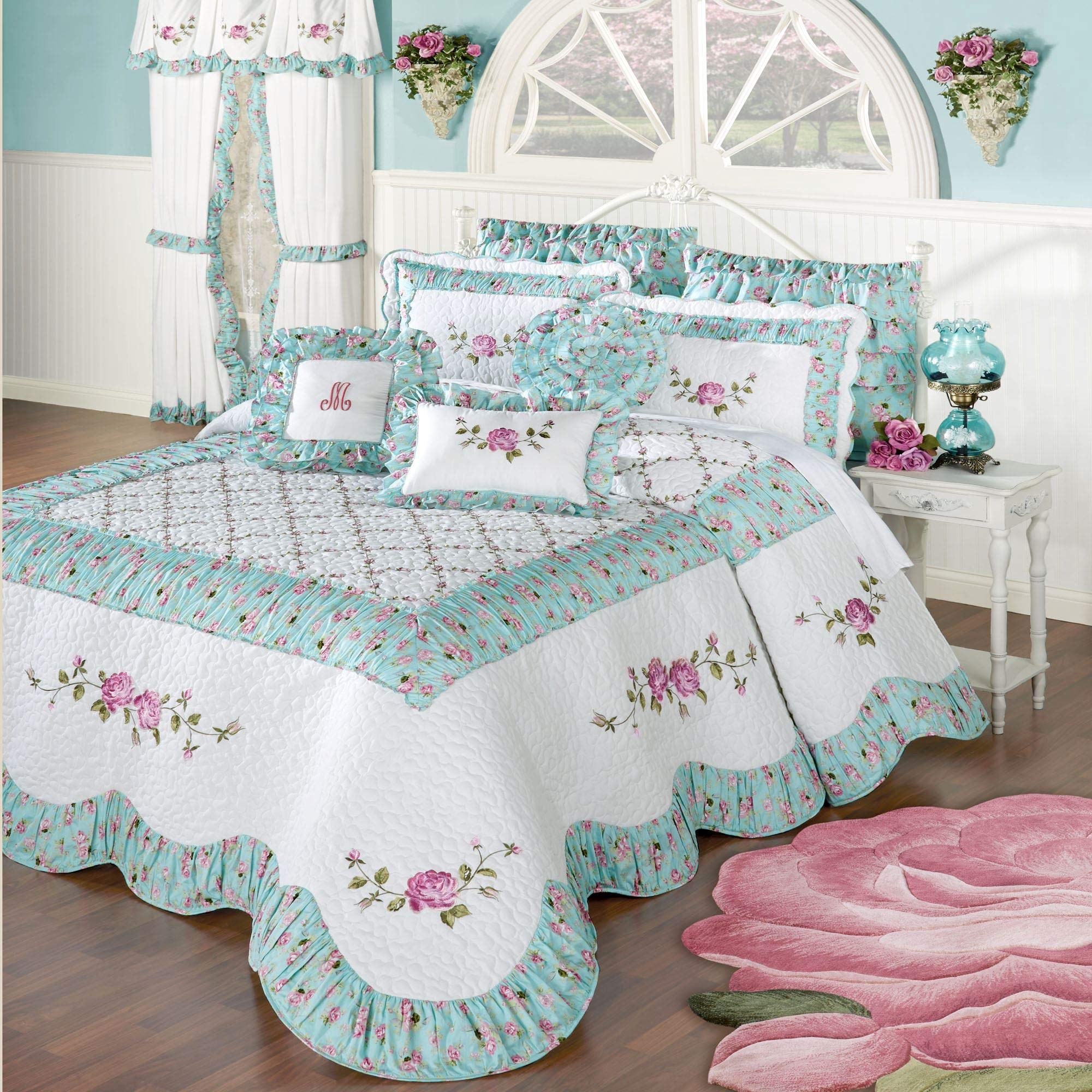 Luxury Touch of Class Rose Garden Grande White Bedspread - Elegant Queen/King Size Bed Cover for Master Bedroom & Guest Room Decor