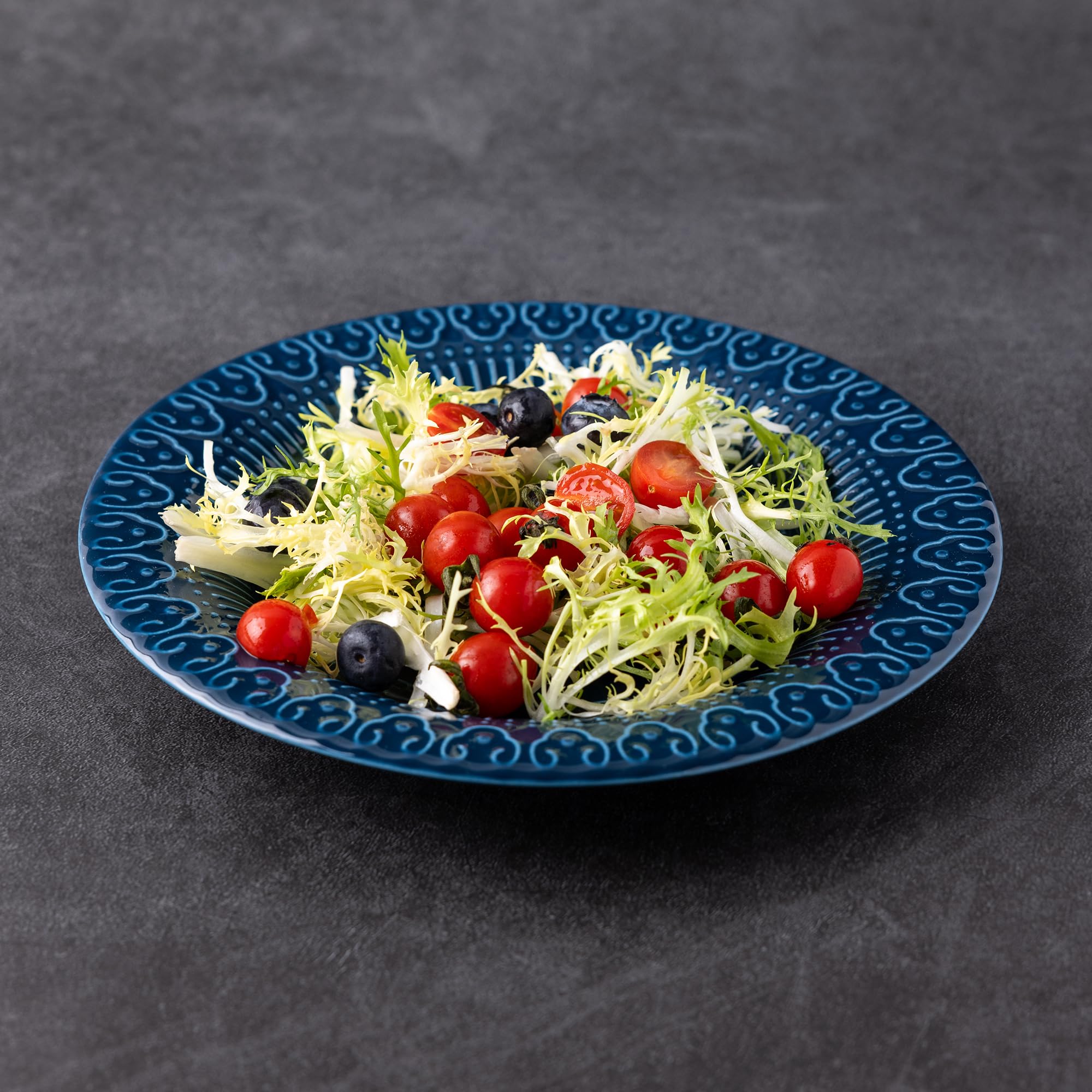 AmorArc 8 Inch Ceramic Dinner Plates Set of 4 - Embossed Salad & Dessert Plates, Microwave & Dishwasher Safe, Scratch Resistant Blue Tableware - Perfect for Appetizers, Bread, Pasta, and Everyday Dining