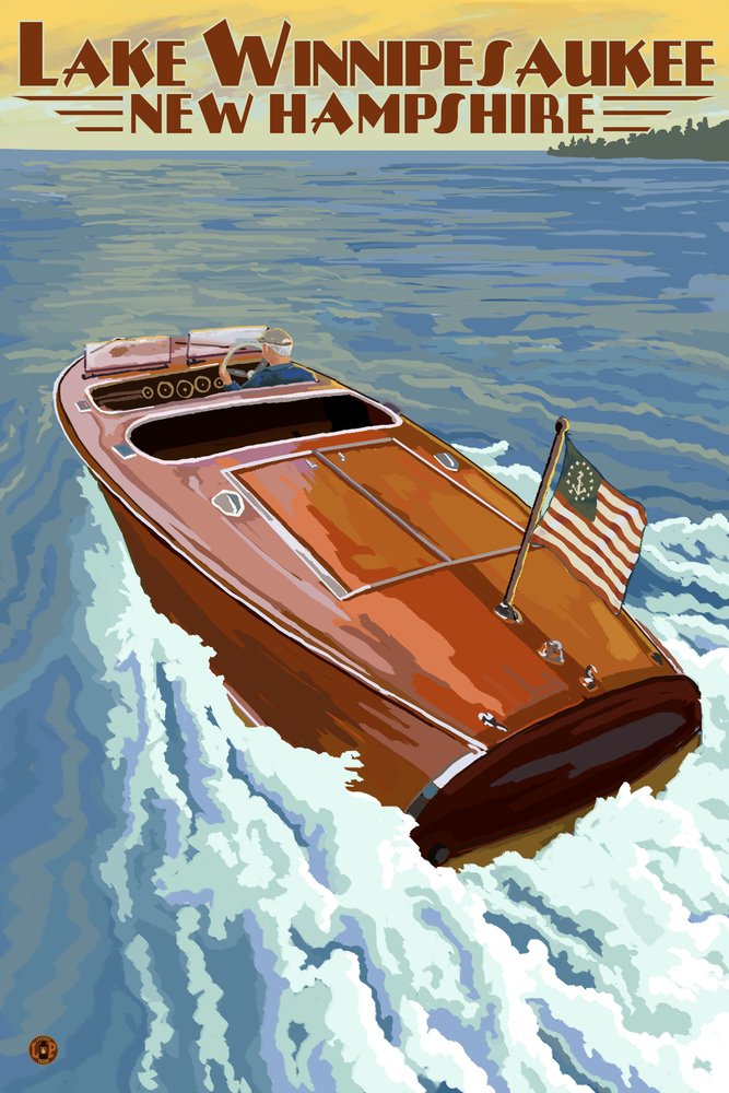 Lake Winnipesaukee New Hampshire Wooden Boat 46234 - 24x36 Signed Art Print, Wall Decor Poster for Living Room, Office & Nautical Theme Decor