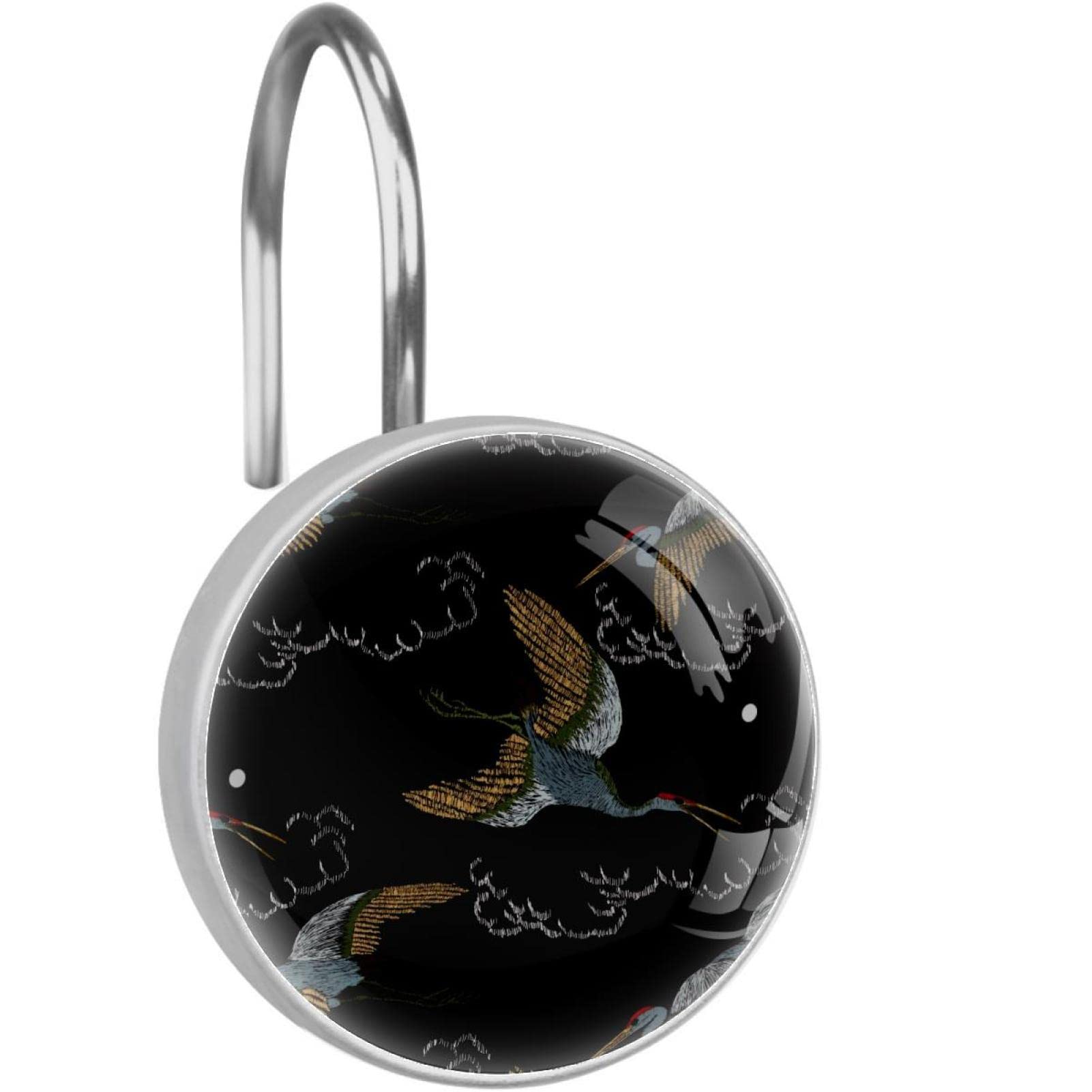 12 Pack Flying Red-Crowned Crane Shower Curtain Hooks - Rustproof Metal Glide Rings for Bathroom Decor & Easy Curtain Installation - Perfect for Home, Hotel, and Spa Bathrooms